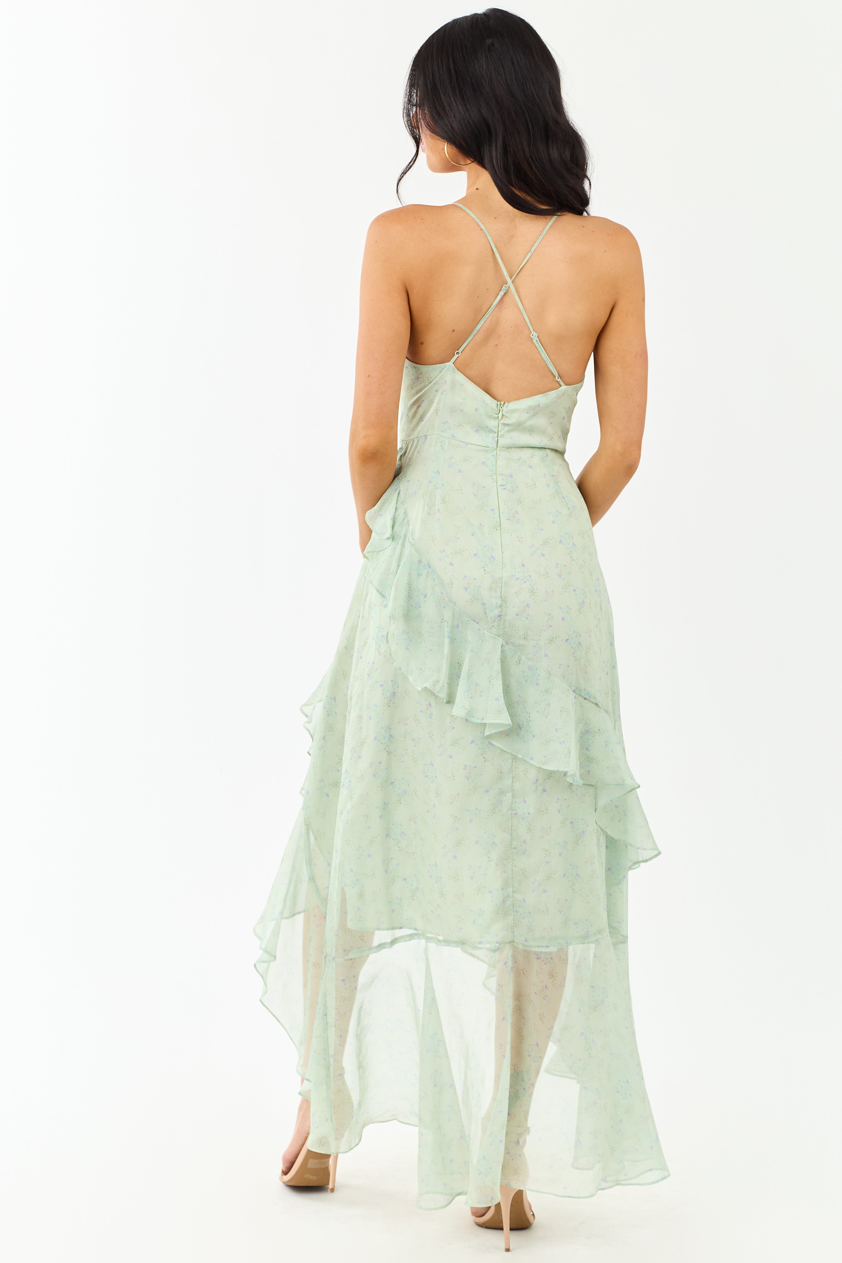 Sage Ditsy Floral Chiffon Ruffle High Slit Maxi Dress