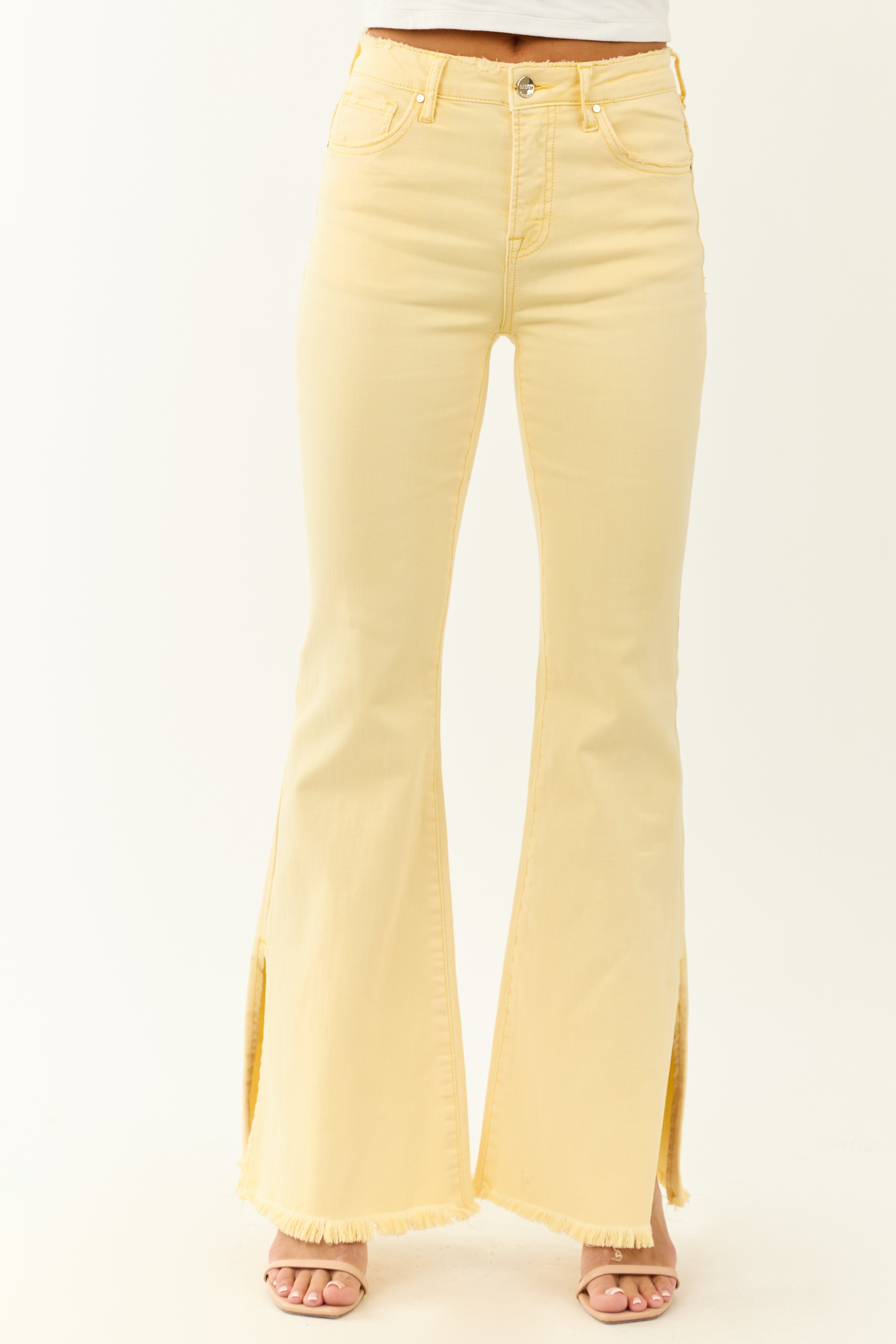 Risen Buttercream Side Slit Stretchy Flare Jeans