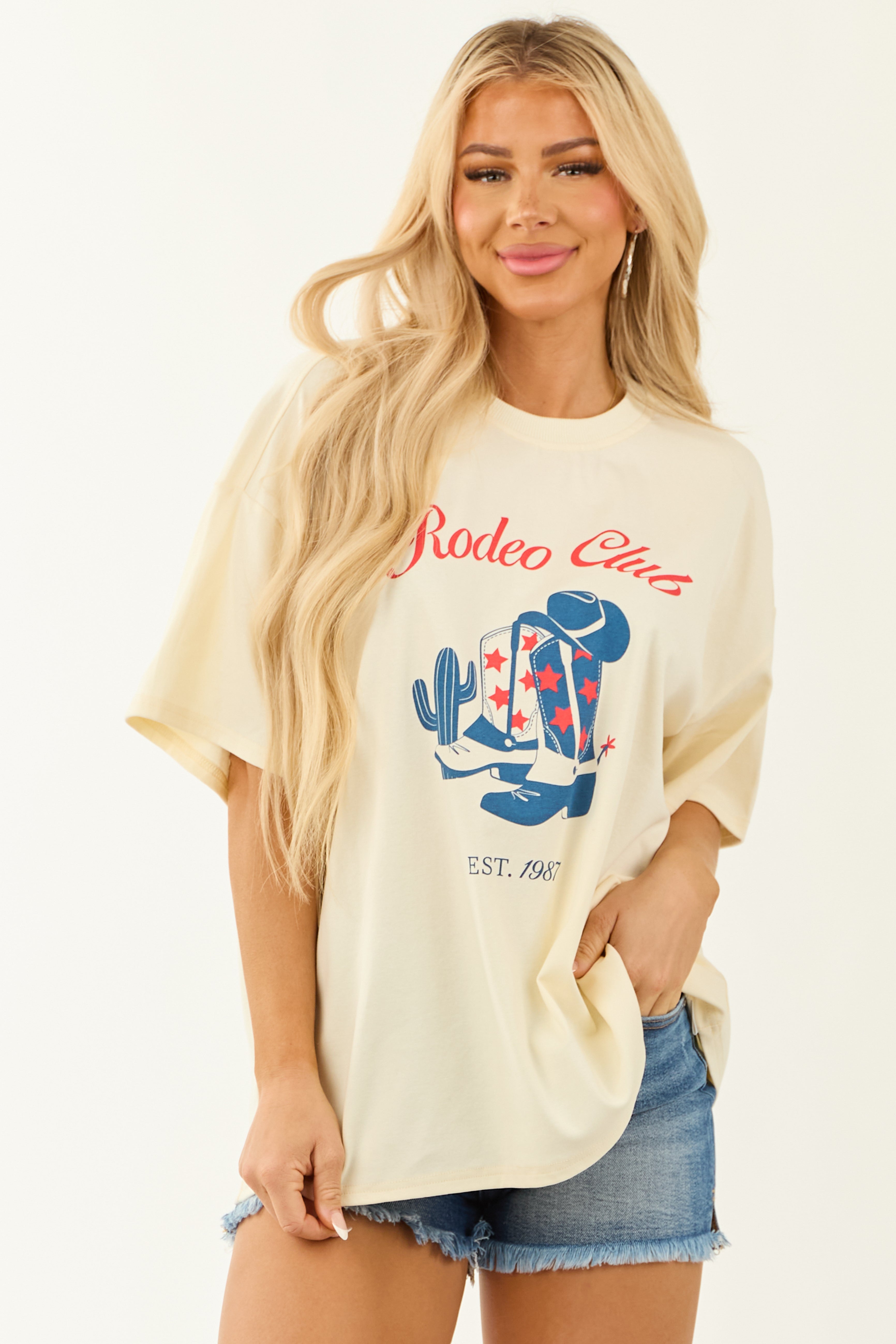 Cream Western Graphic Oversized Short Sleeve Top