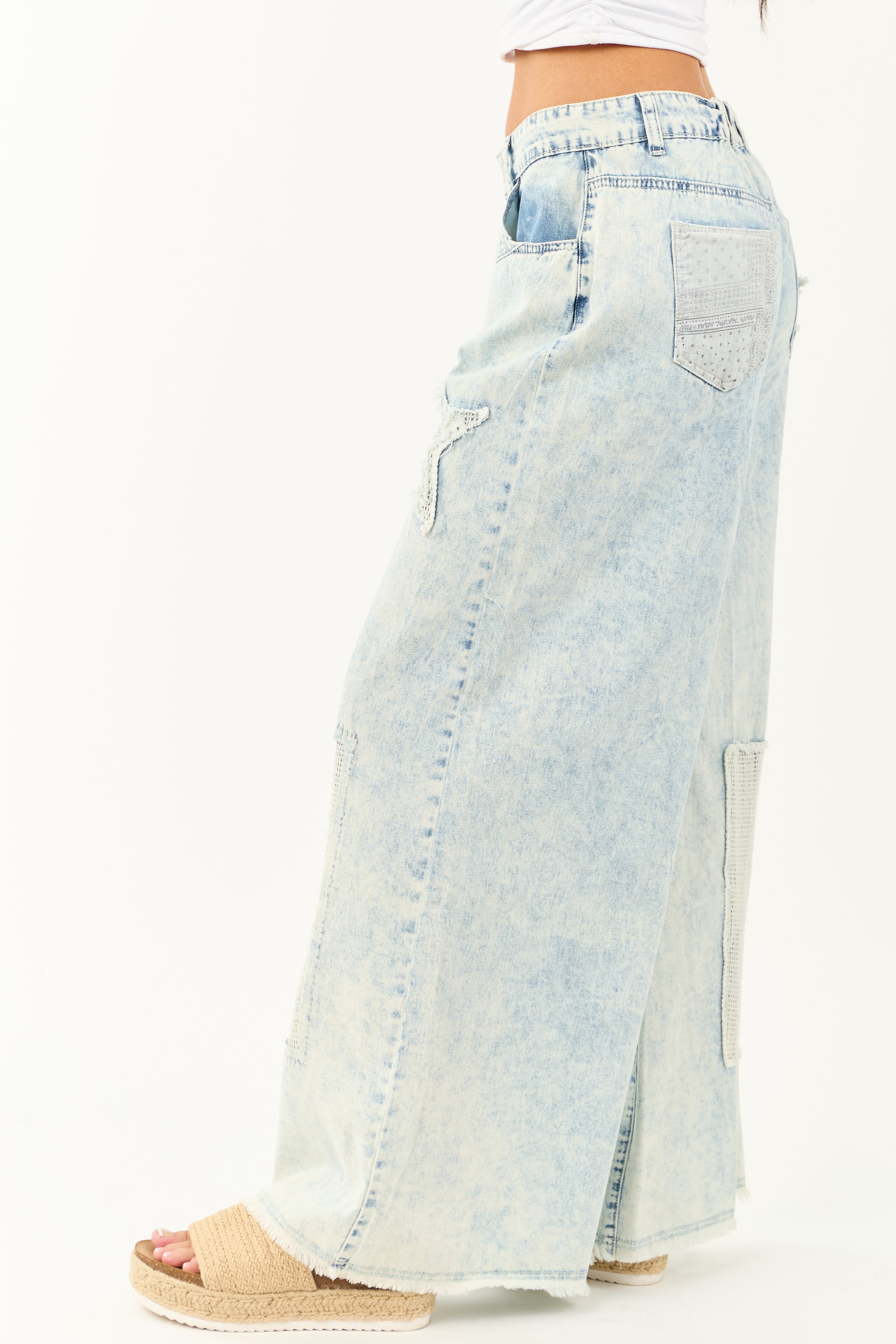 POL Acid Wash Patchwork Lightweight Denim Pants
