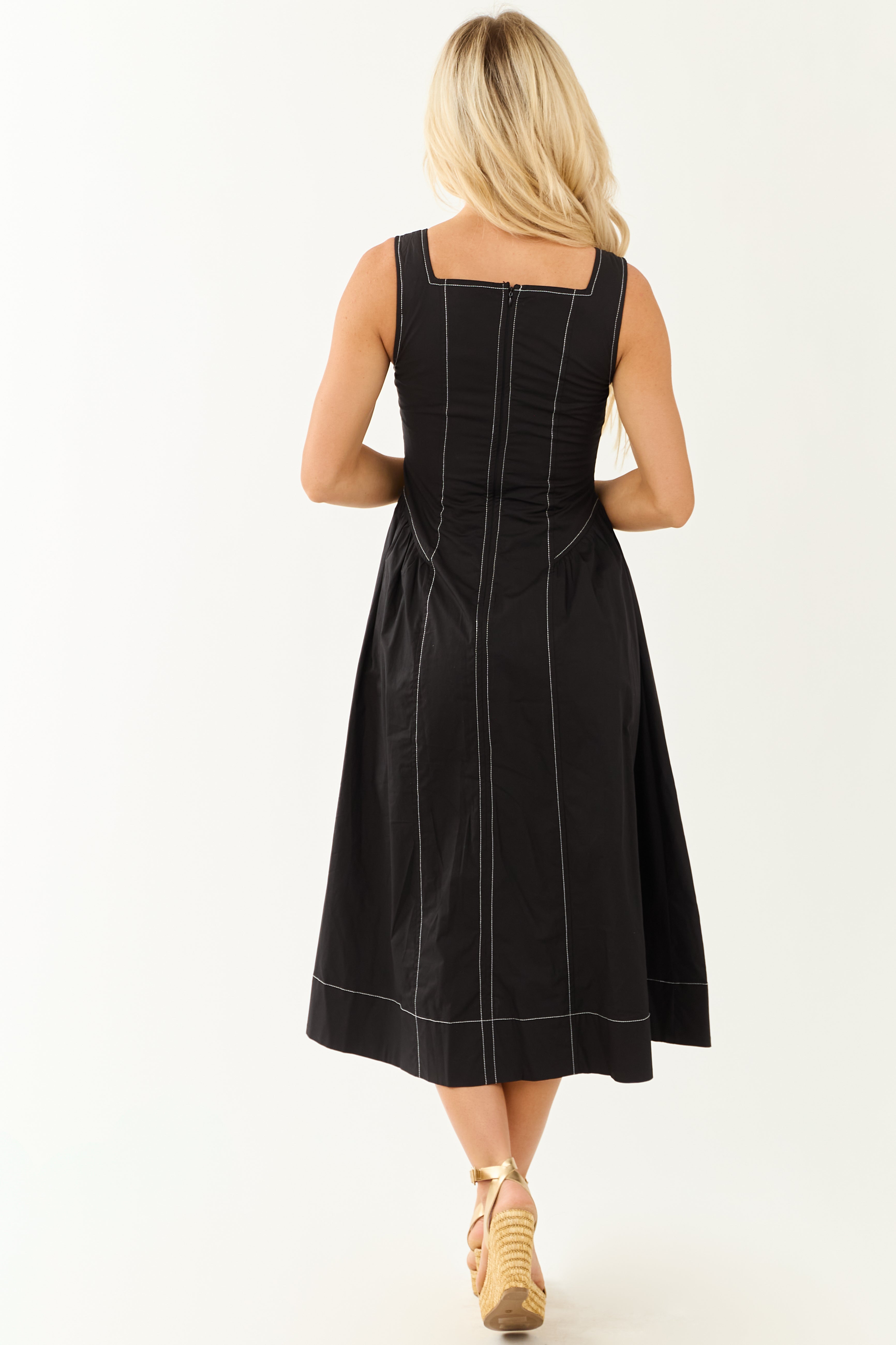 Entro Black Contrast Stitch Cotton Midi Dress