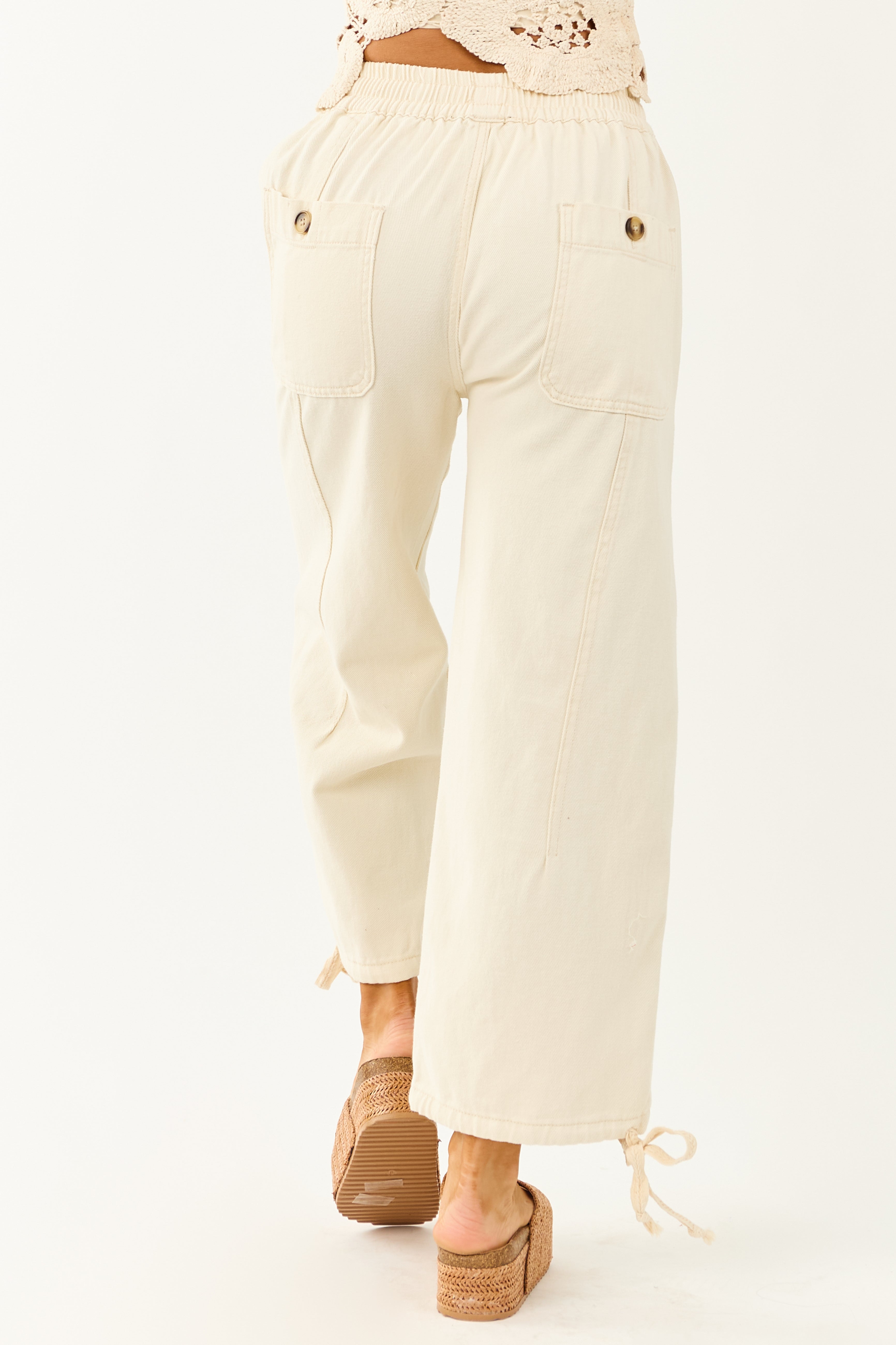 Cream Elastic Waist Relaxed Denim Cargo Pants