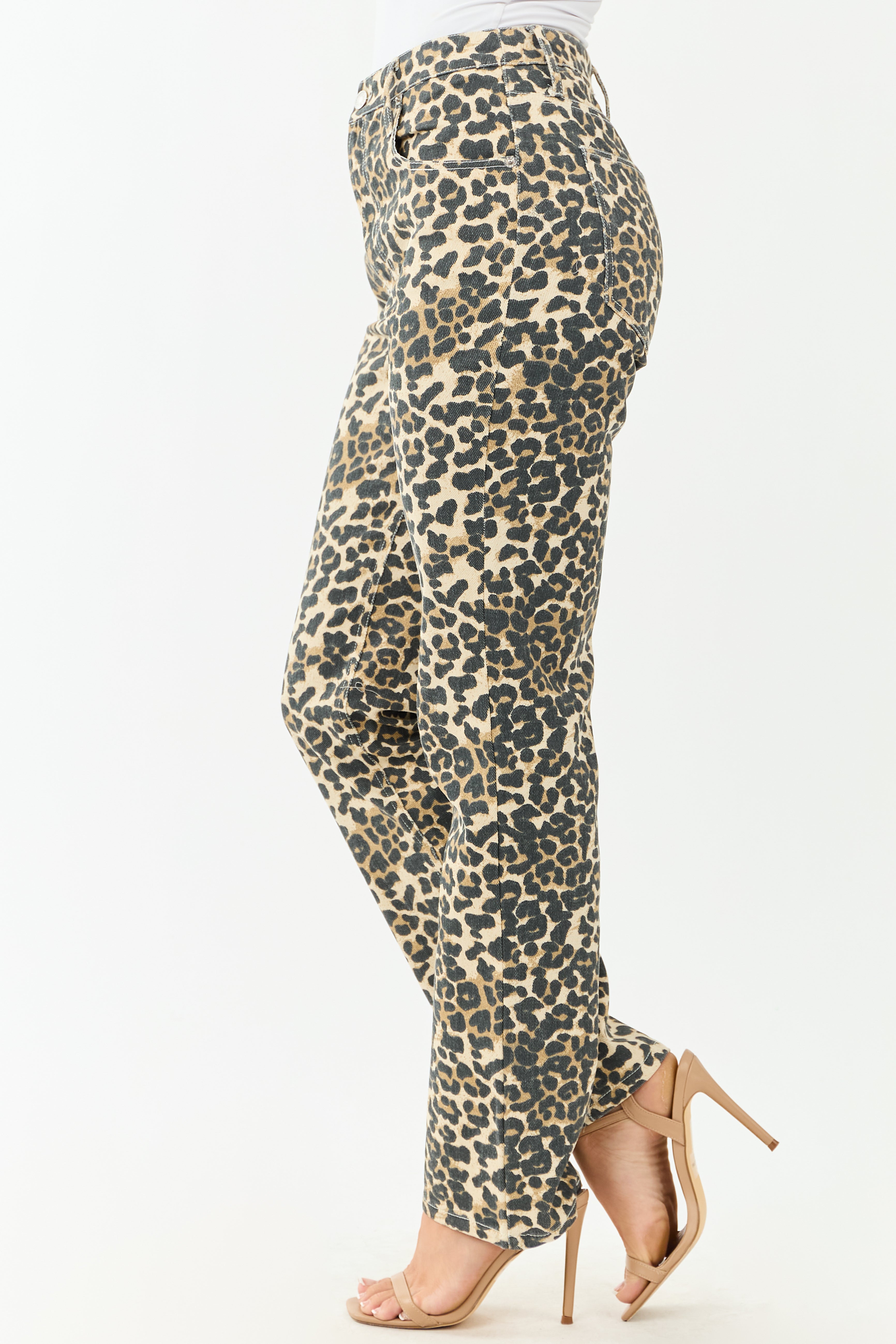 Cream Leopard Print Straight Leg High Rise Jeans