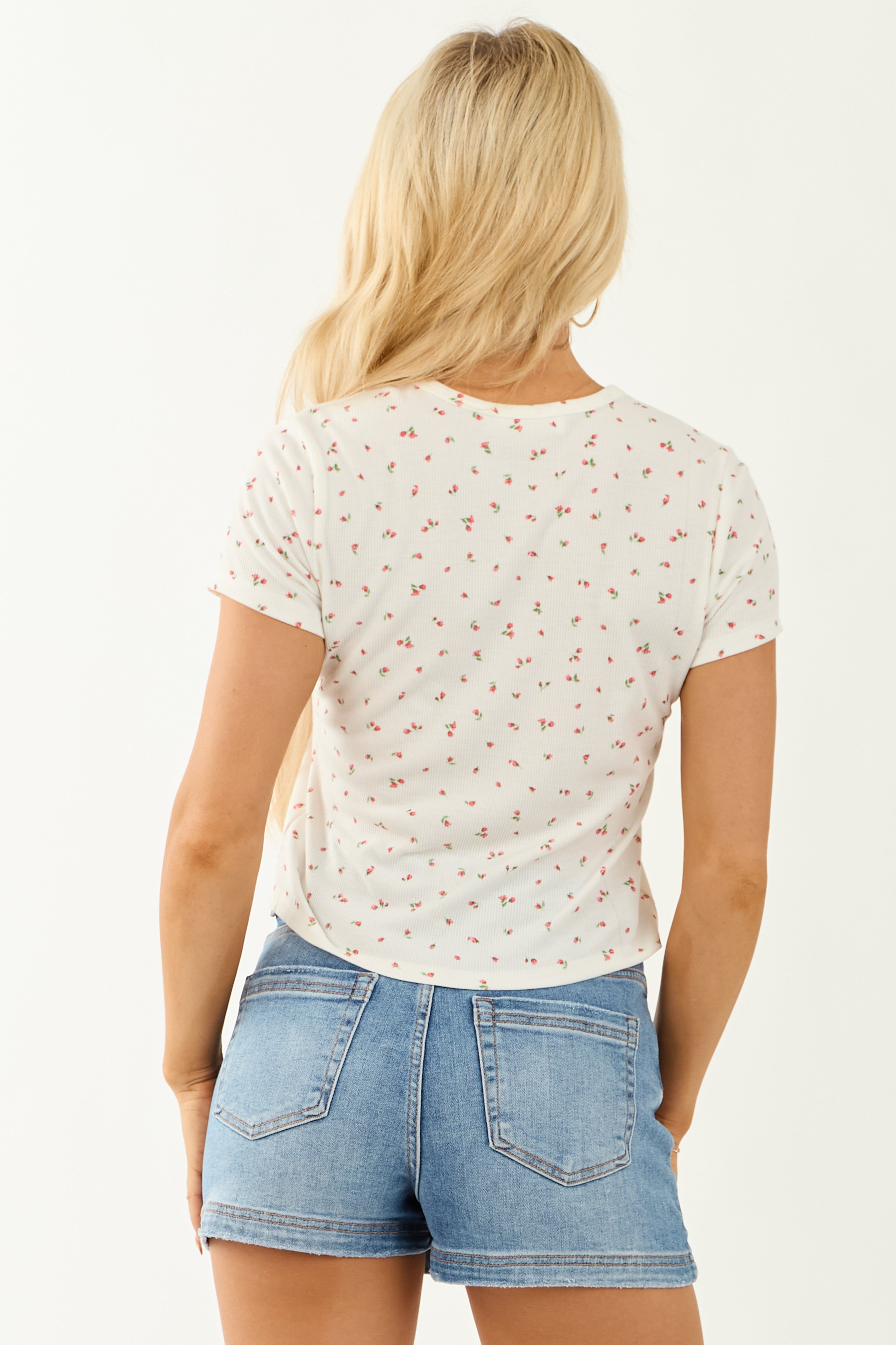 White Floral Print Ribbed Short Sleeve Top