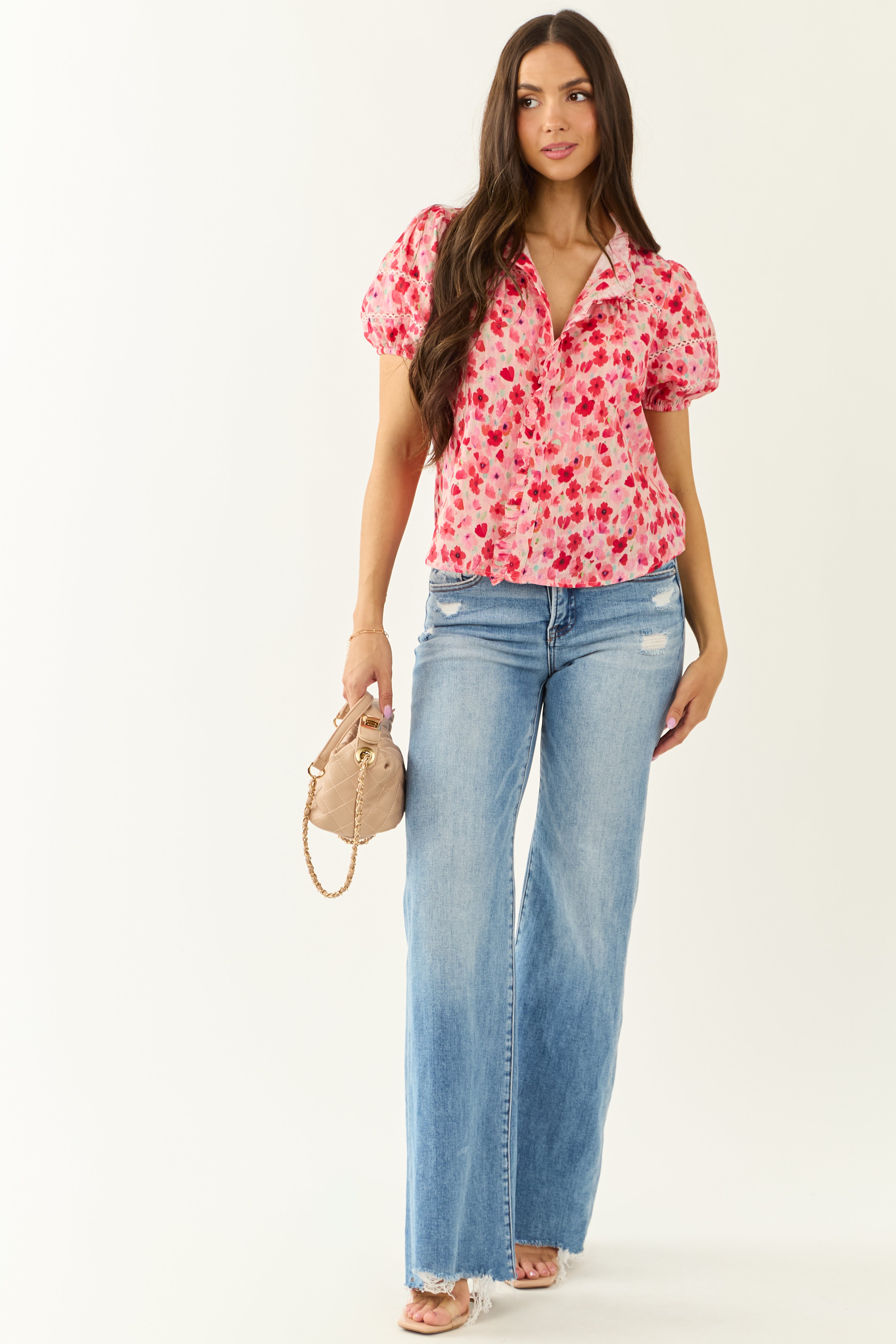 Carnation Floral Print Embroidered Puff Sleeve Blouse