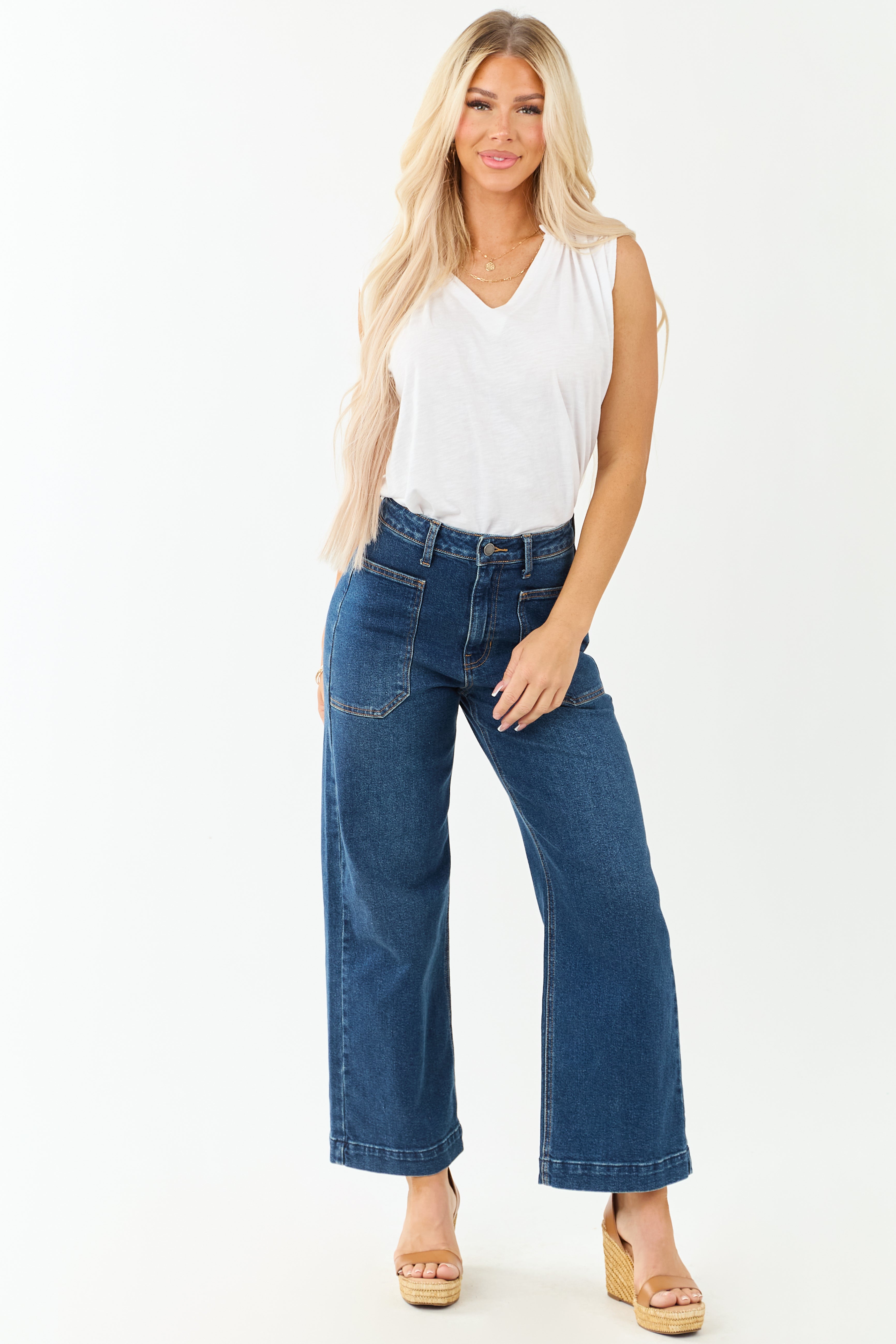Dark Wash Stretchy Wide Leg Utility Jeans