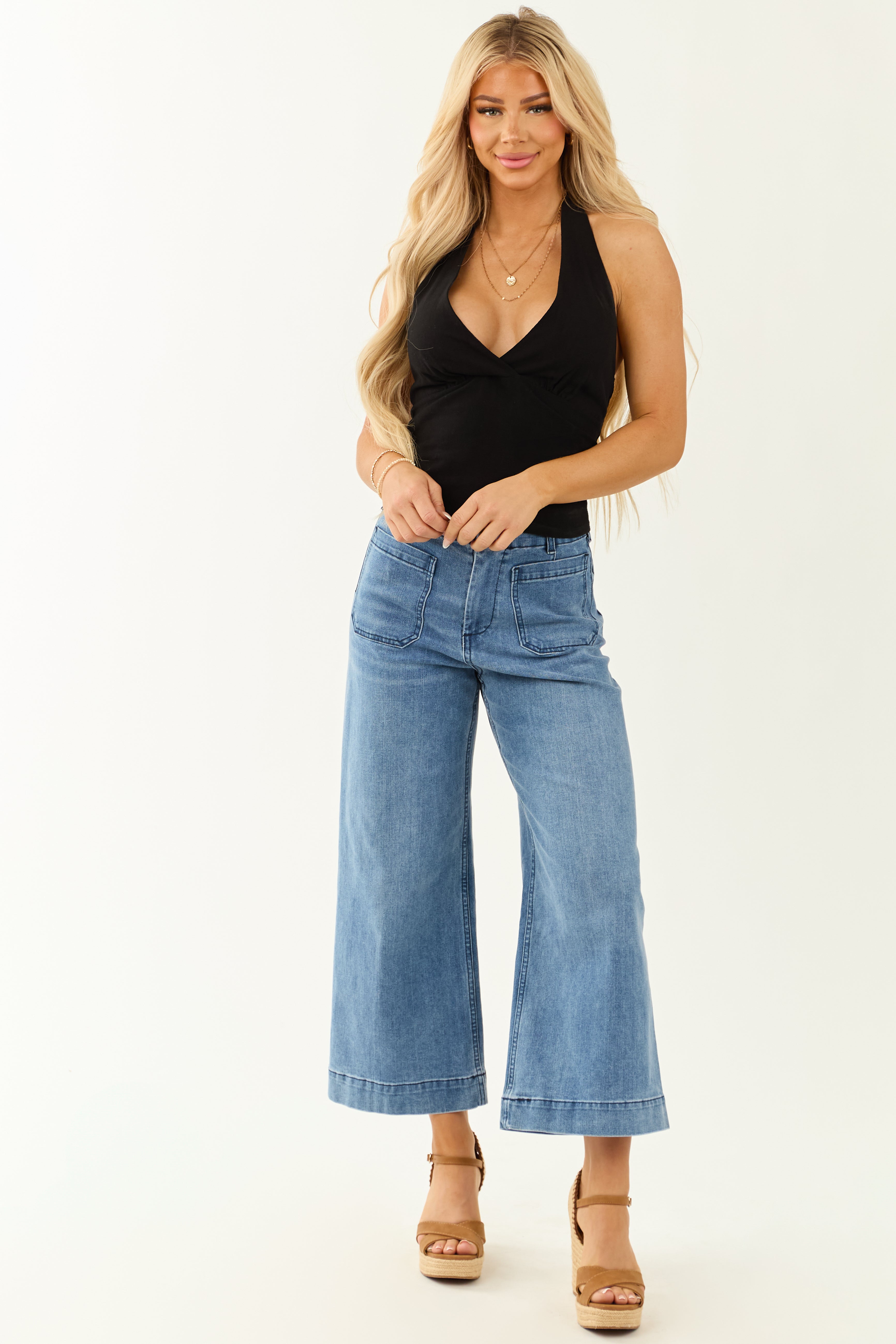 Black Halter Surplice Neck Linen Blend Tank Top