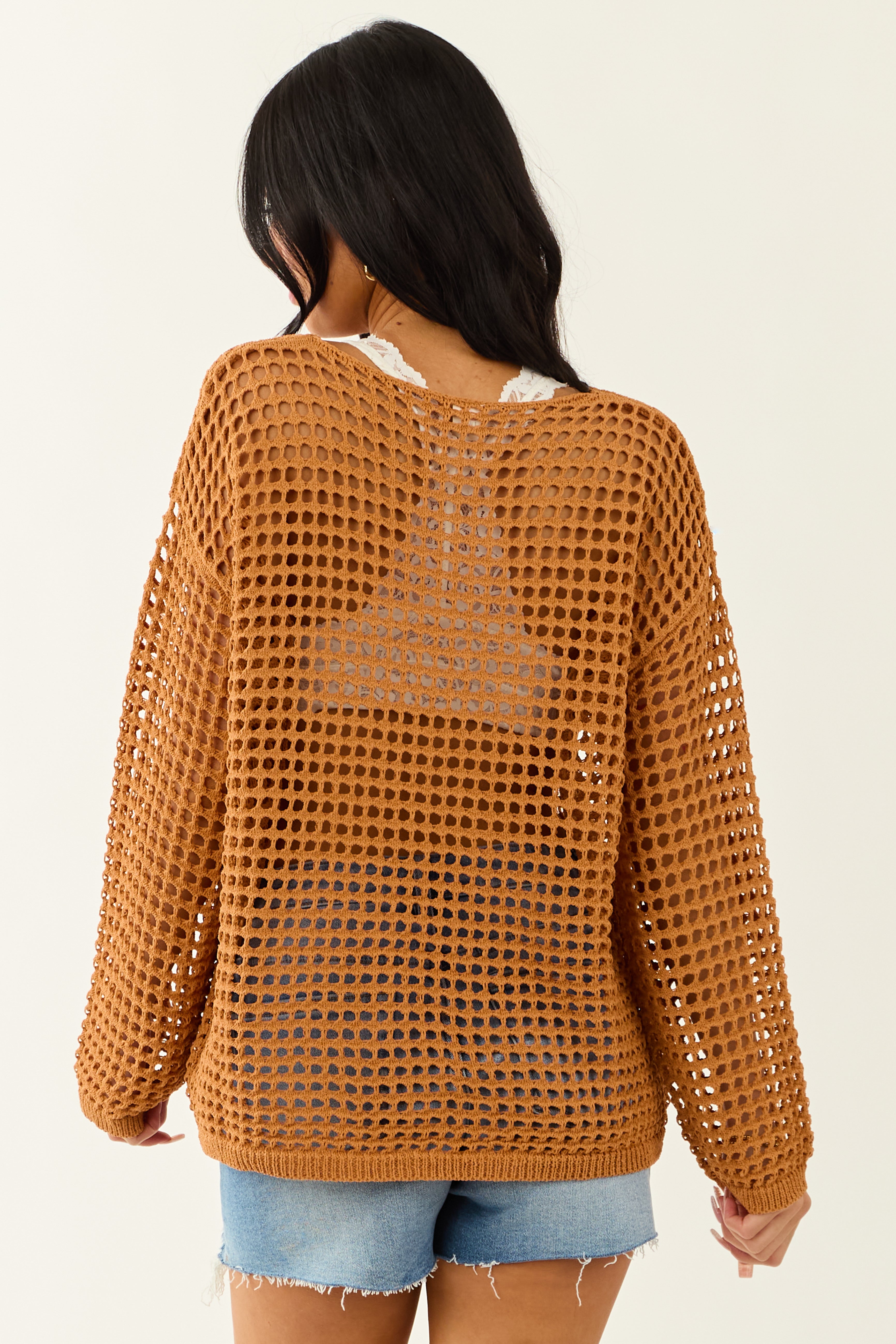 Caramel Open Crochet Round Neck Long Sleeve Top