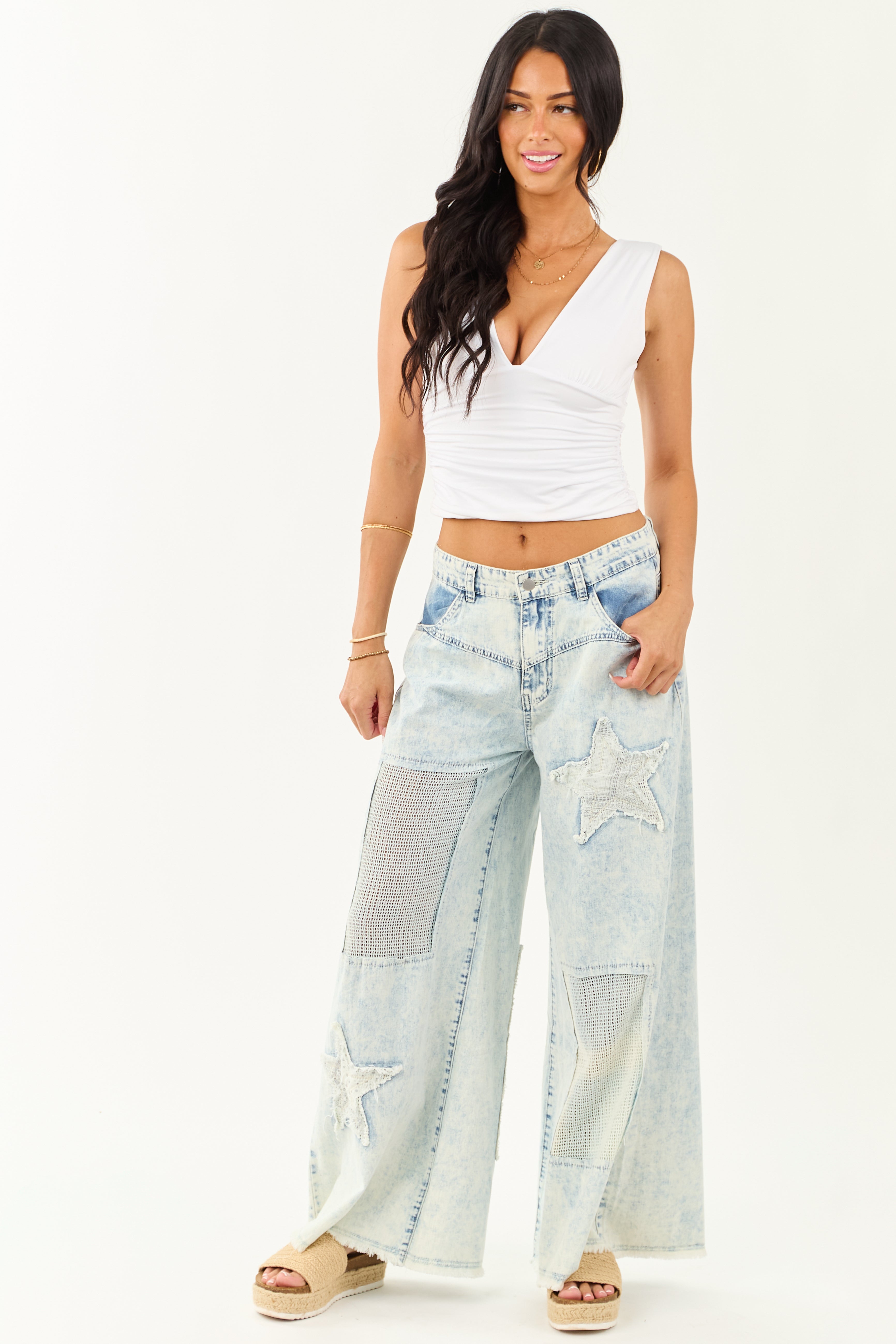 POL Acid Wash Patchwork Lightweight Denim Pants