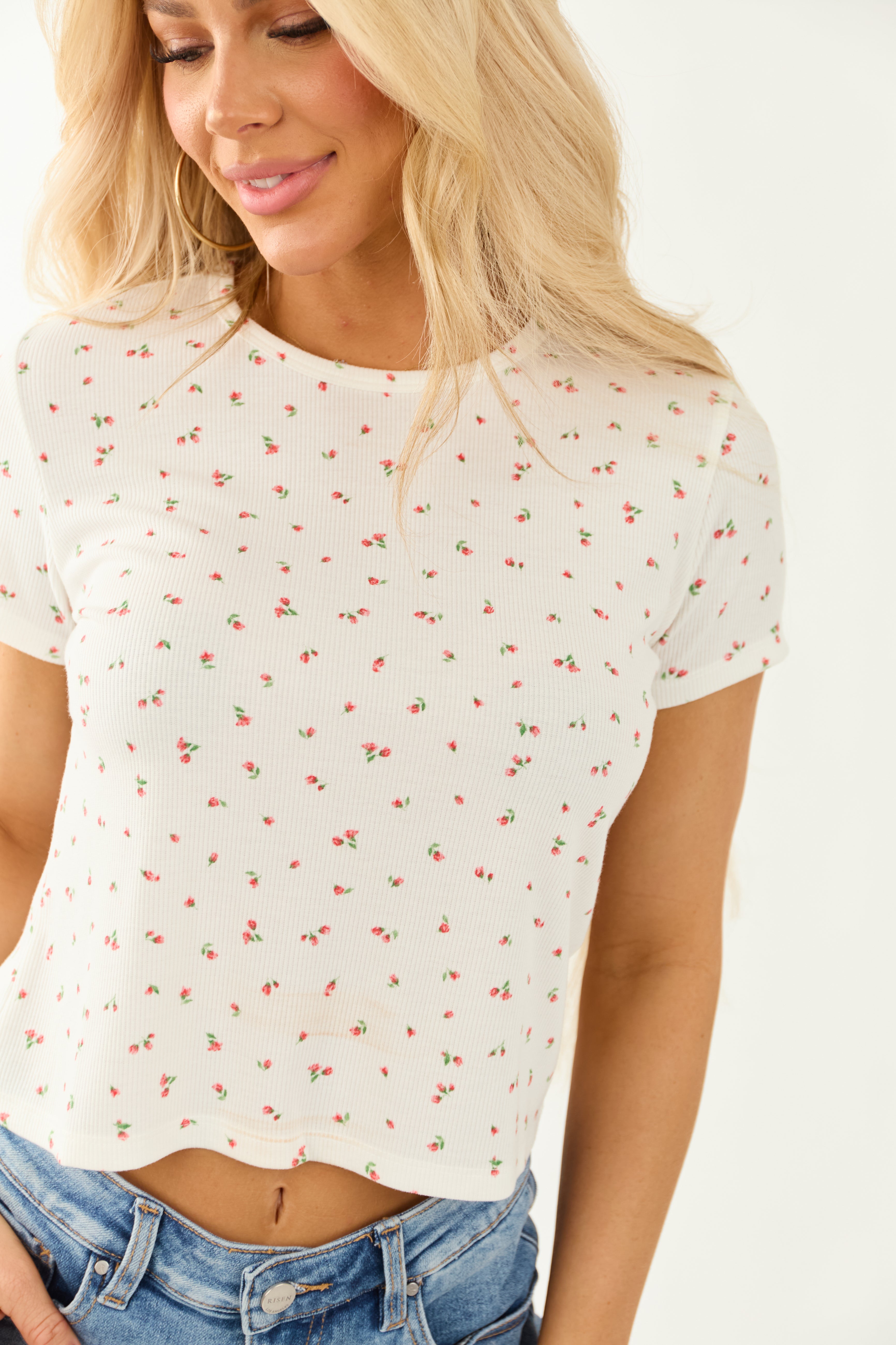 White Floral Print Ribbed Short Sleeve Top