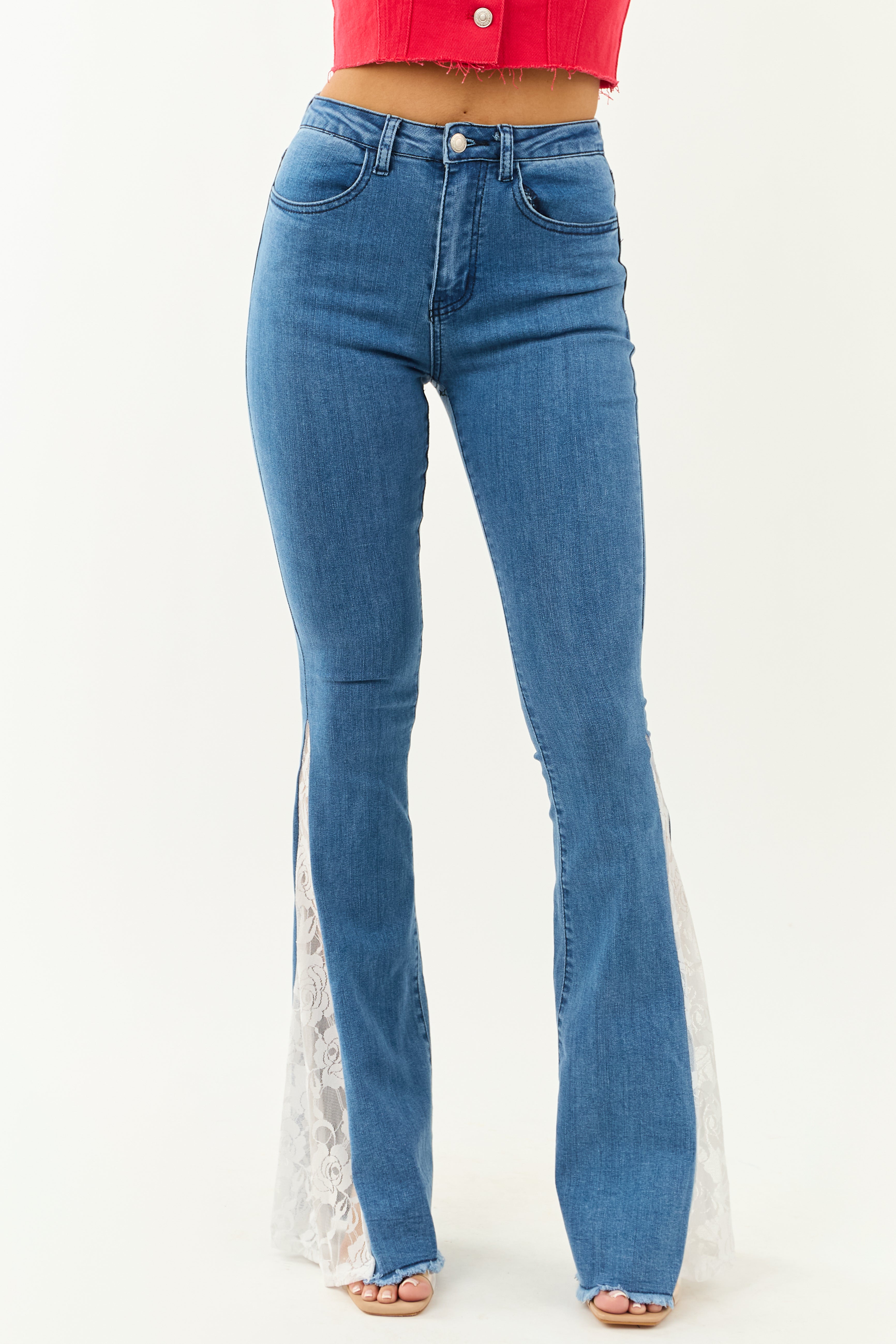 Medium Wash Lace Contrast Stretchy Flare Leg Jeans