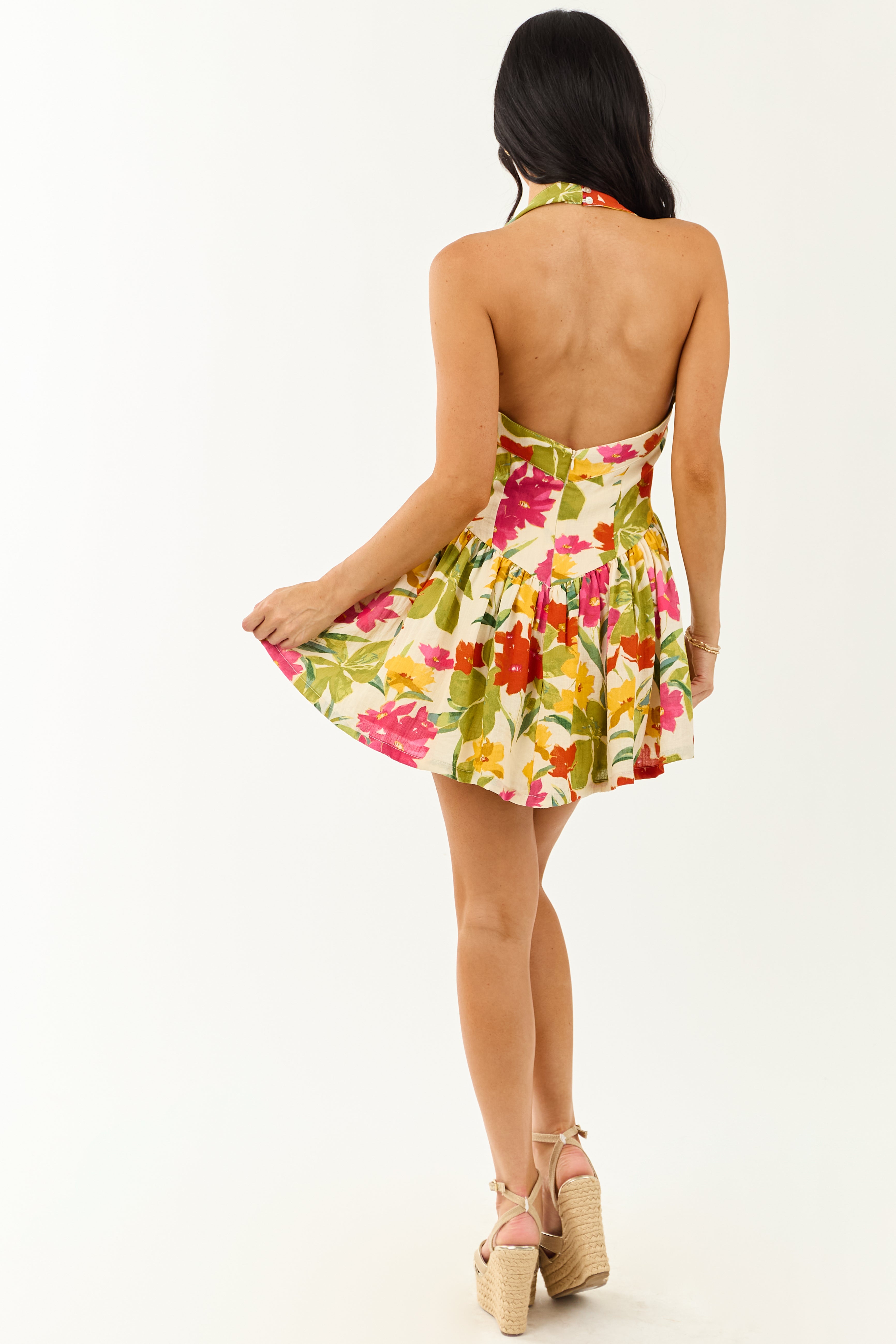 Cream Floral Print Halter Neck Mini Dress