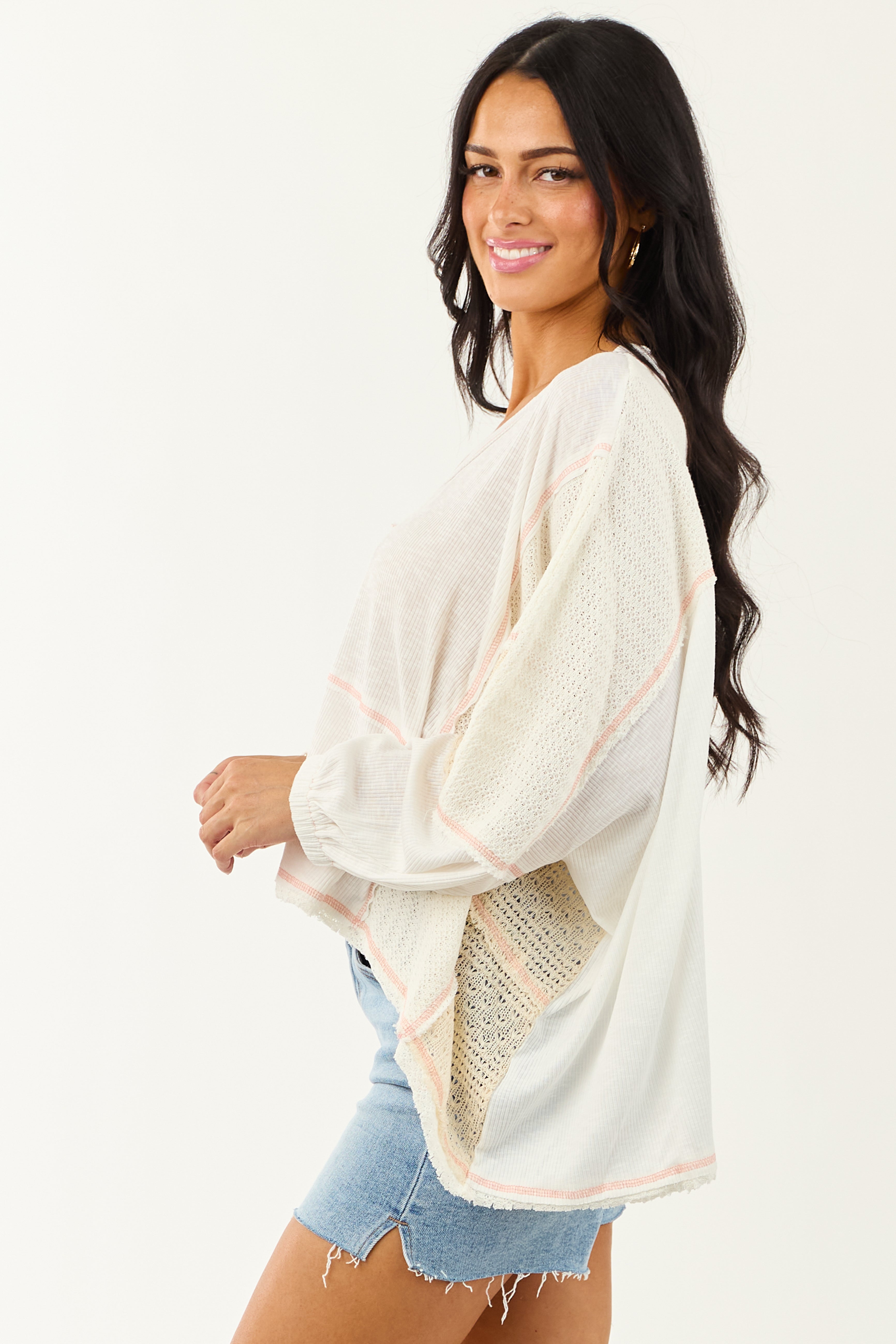 POL Off White and Cream Contrast Knit Relaxed Top