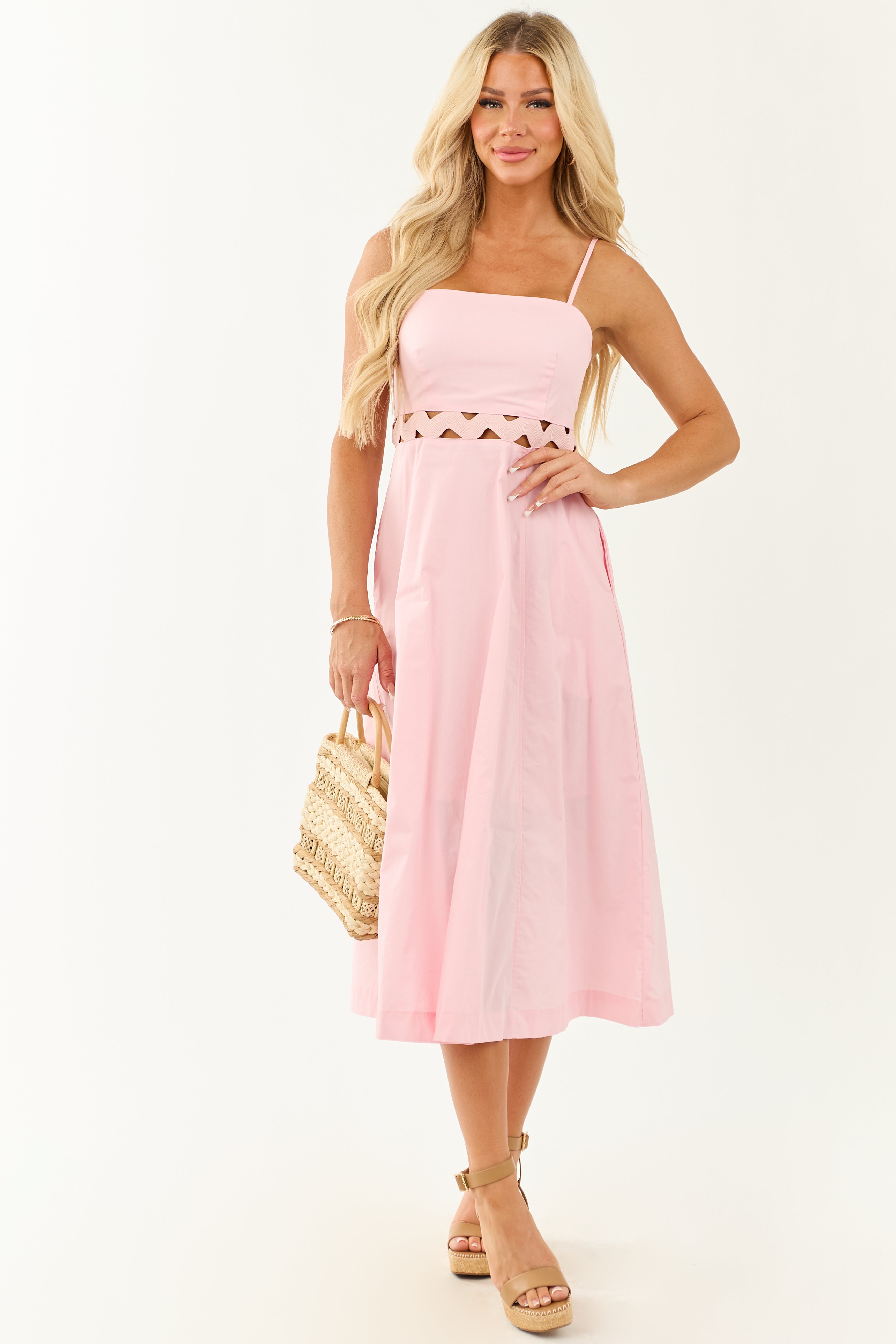 Carnation Rickrack Cutout Waist Cotton Midi Dress