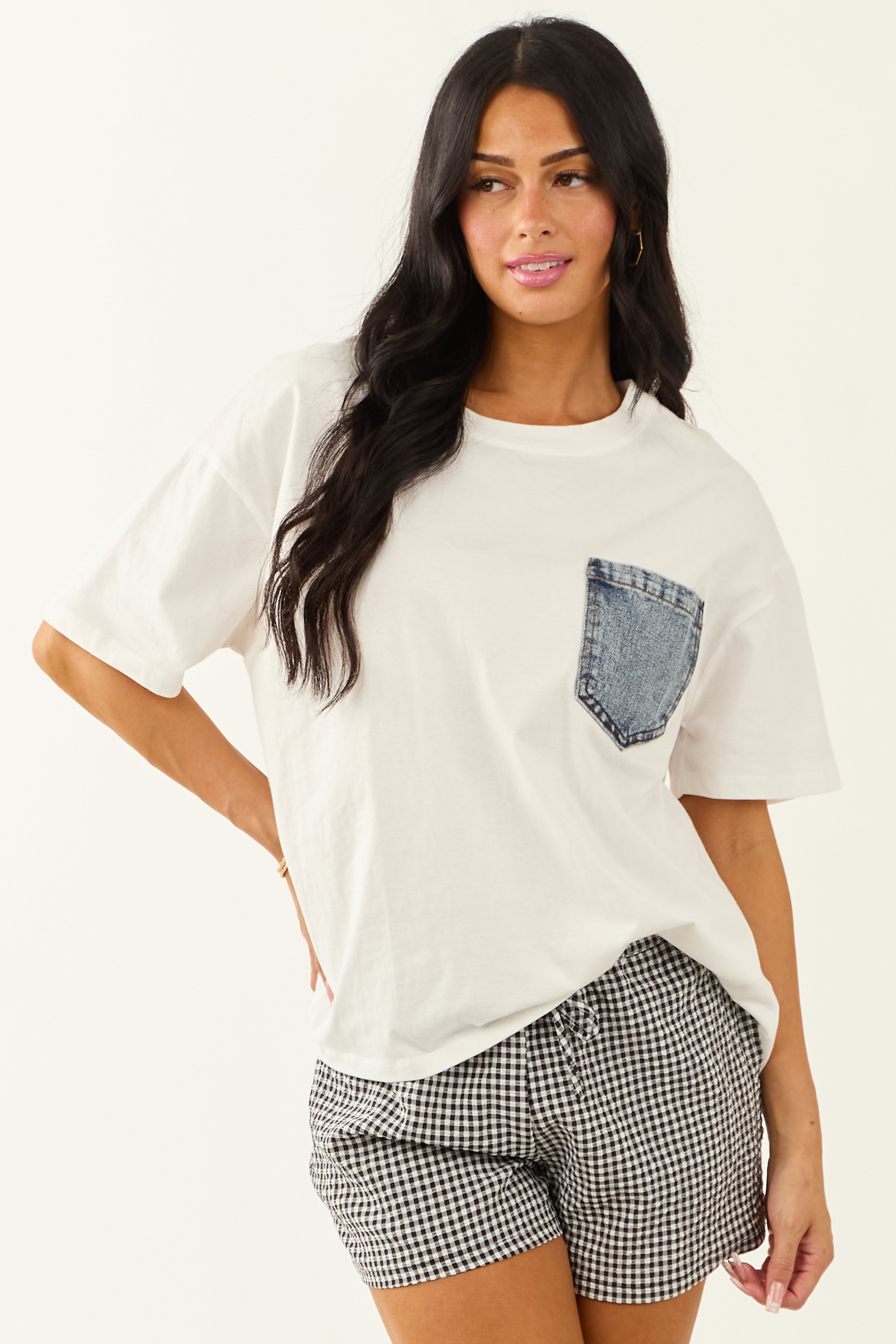 Off White Cotton Tee with Contrast Denim Pocket