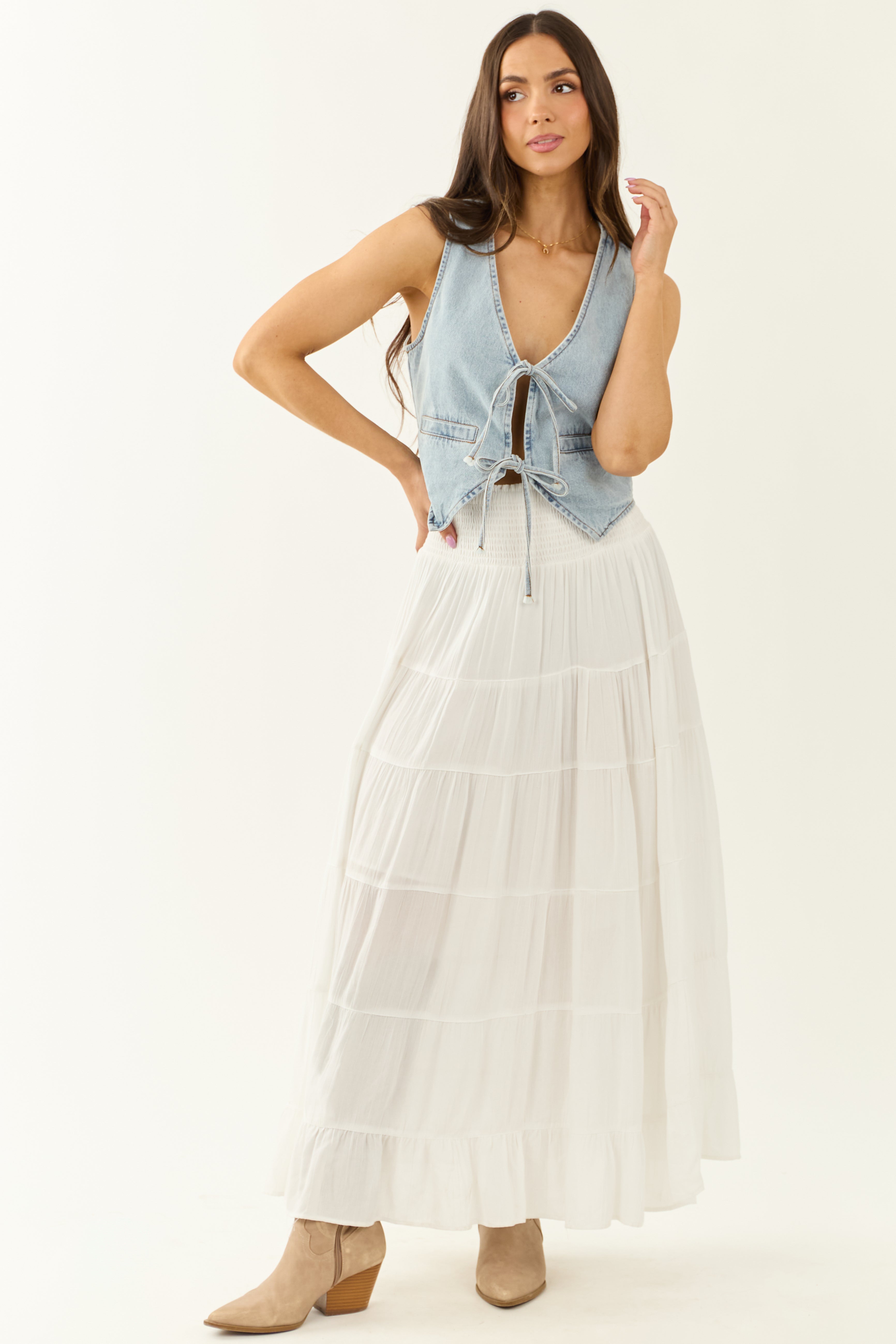 Light Wash Denim Double Front Tie Vest