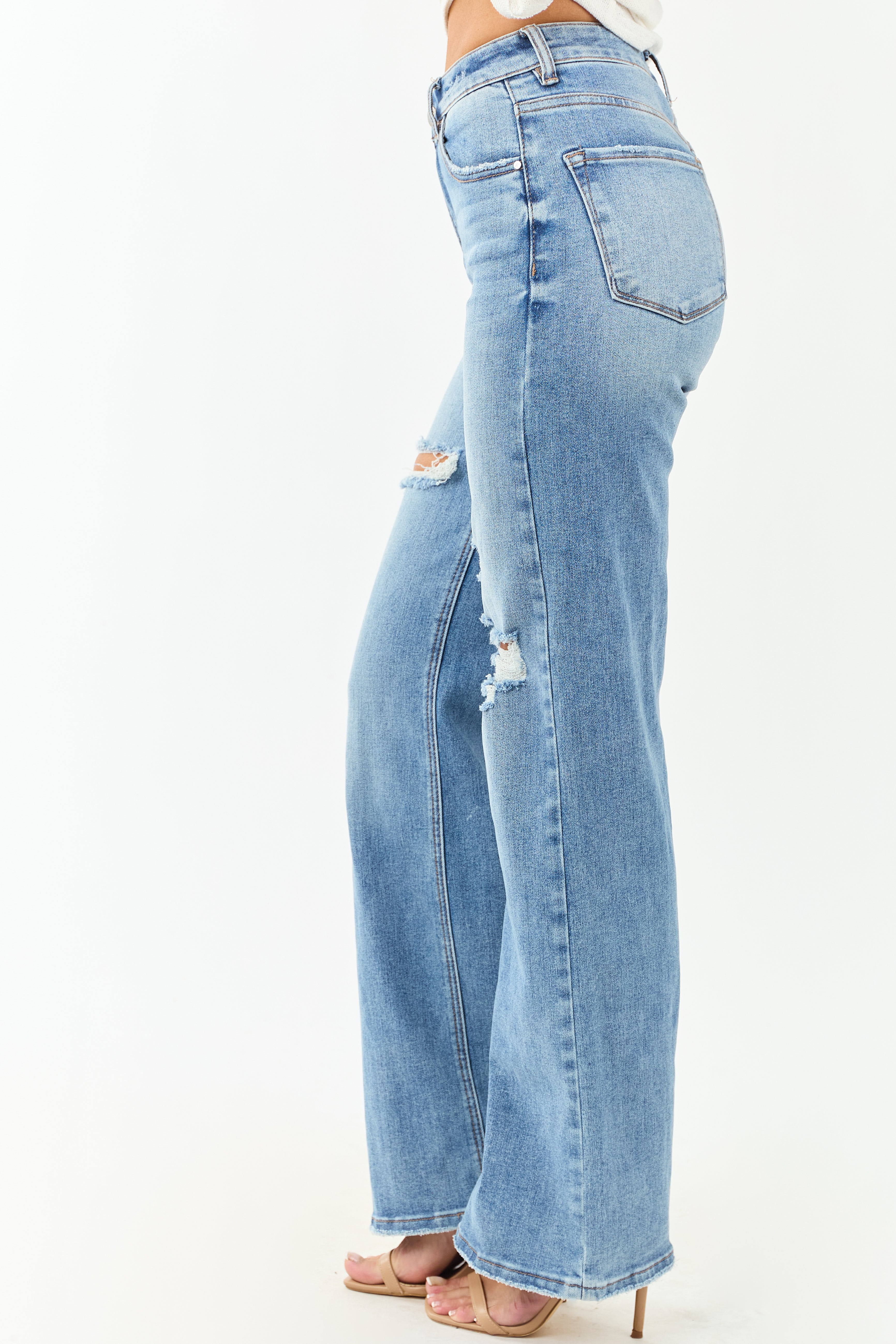 Risen Medium Wash Distressed Stretchy Wide Leg Jeans