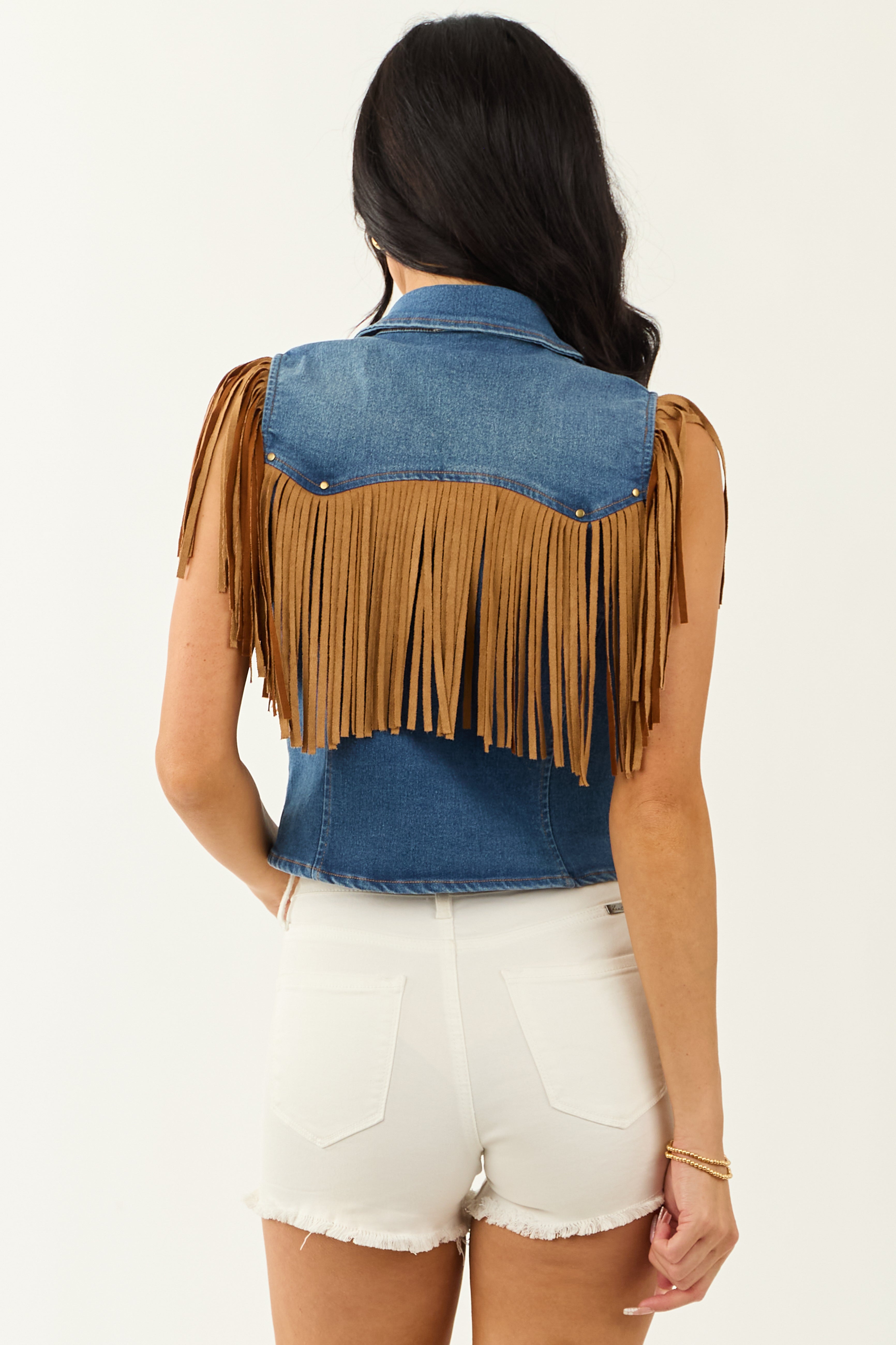 Medium Wash Stretchy Denim Fringe Zip Up Vest