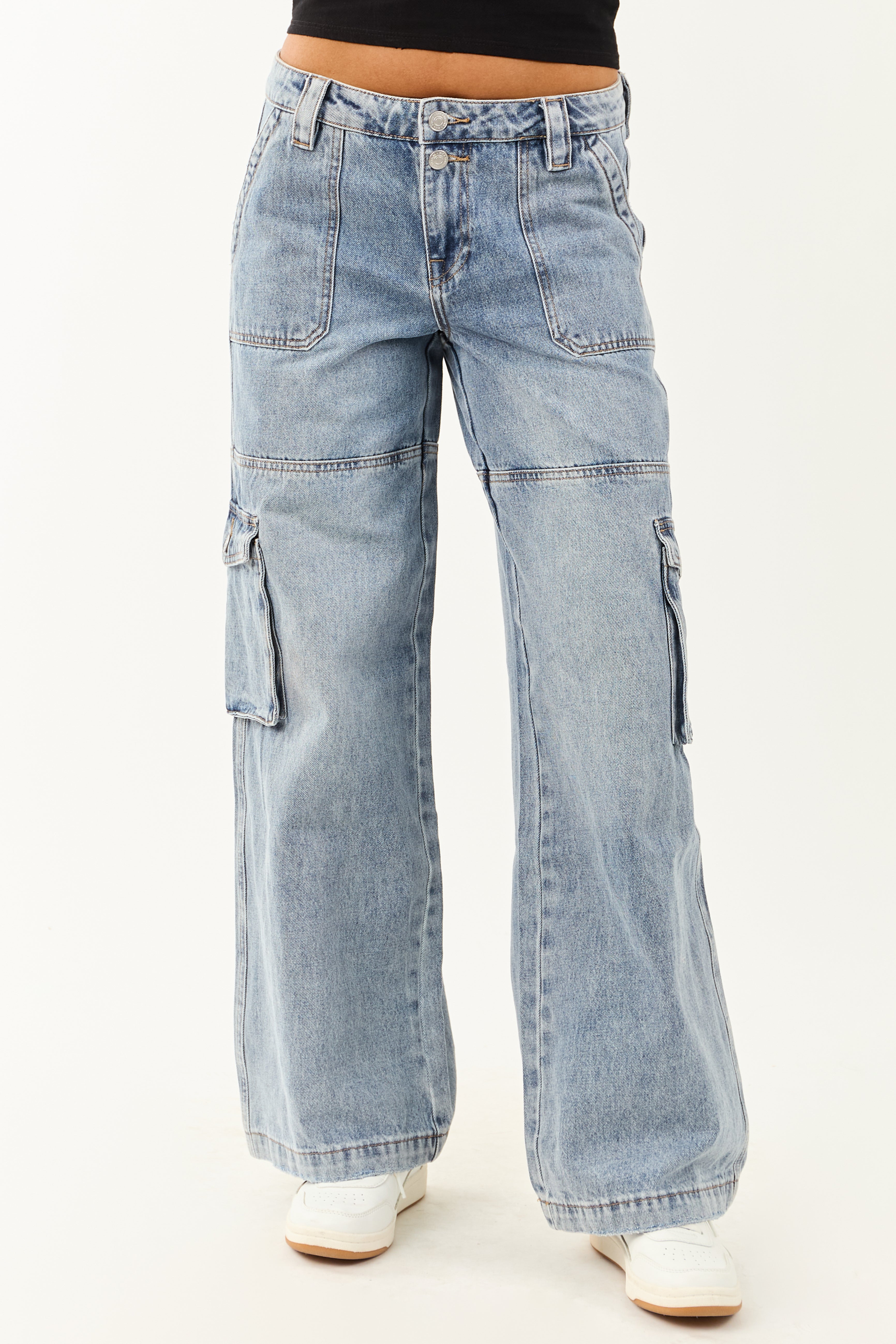 Mica Denim Medium Wash Cargo Wide Leg Jeans