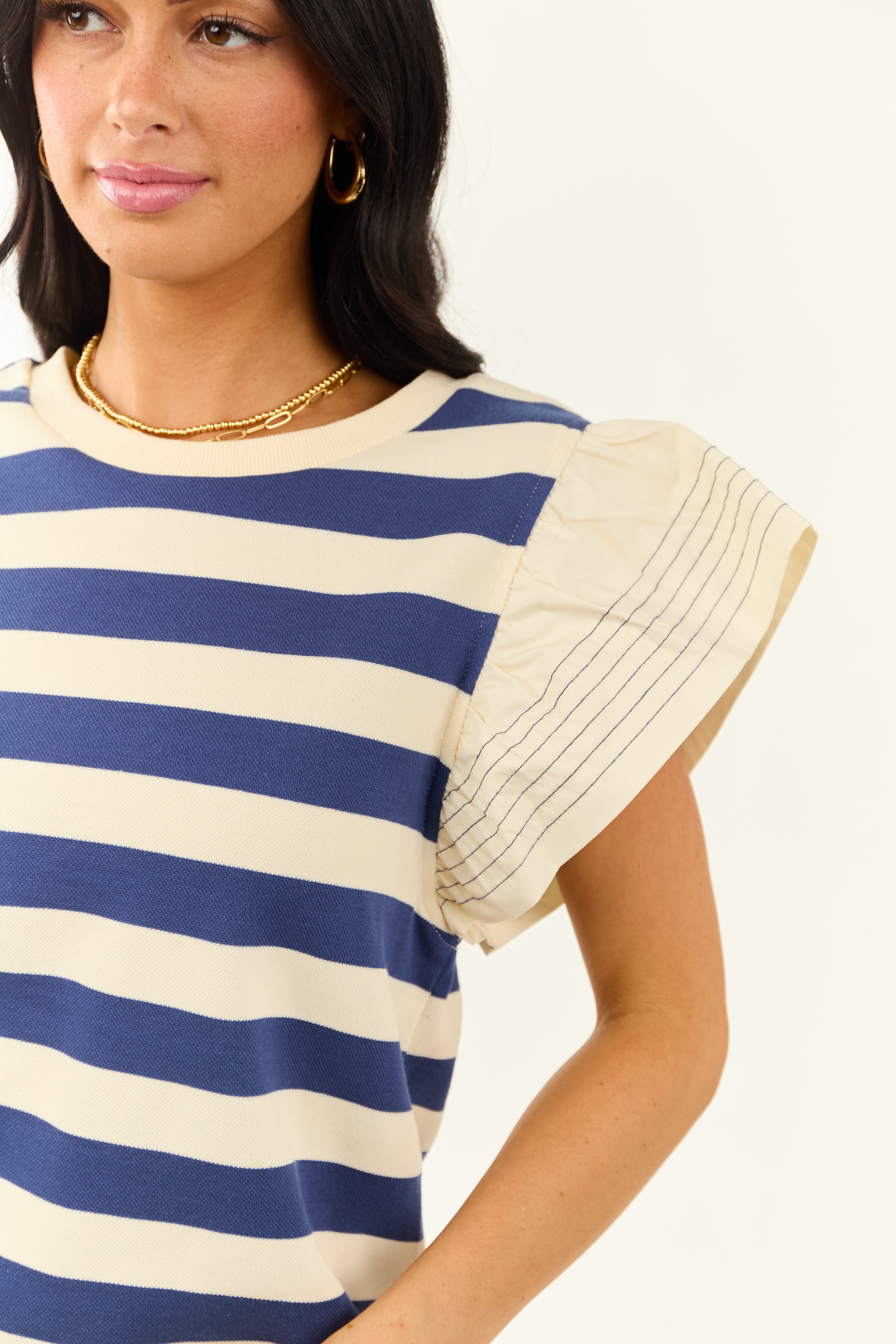 Navy and Cream Striped Ruffle Sleeve Top