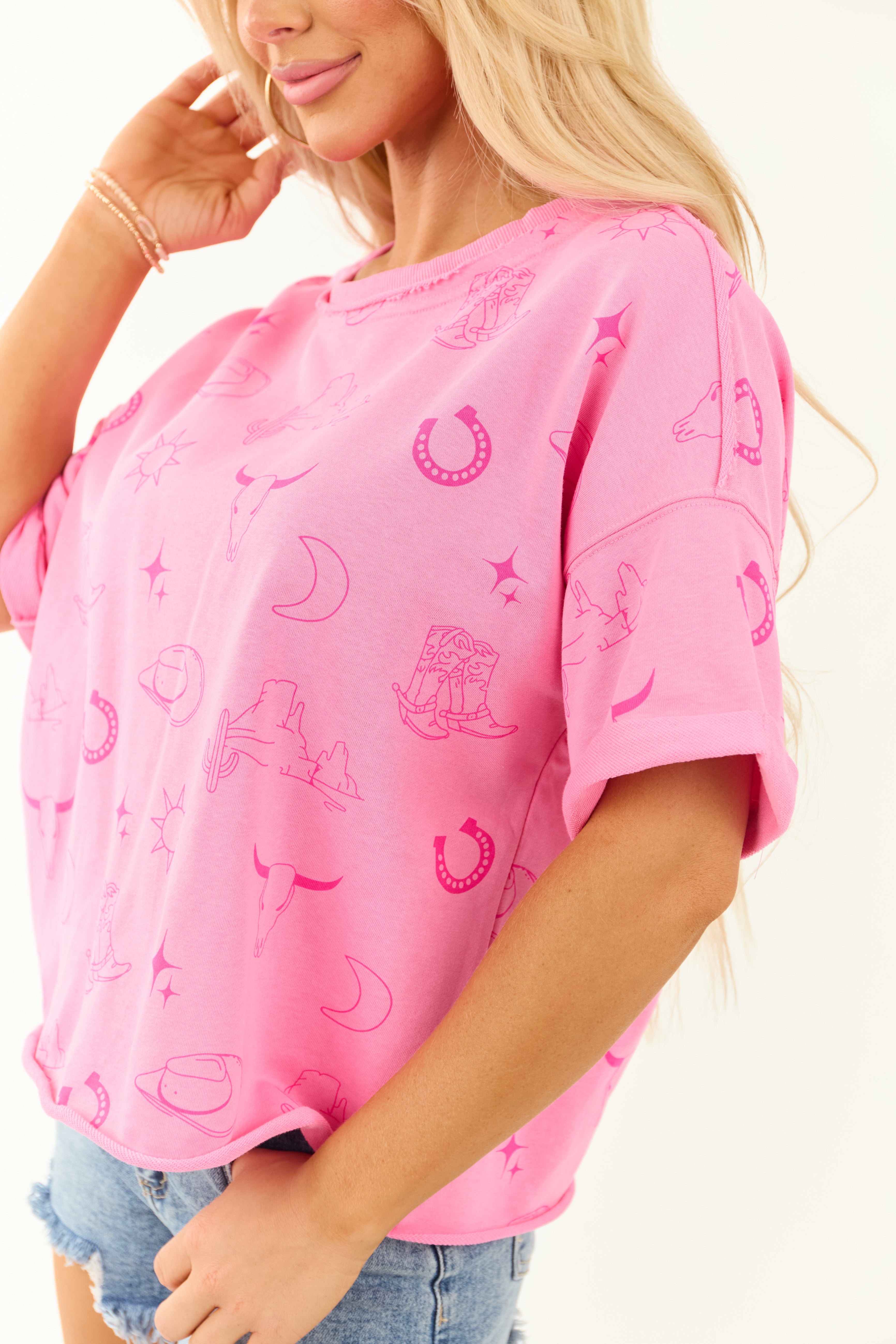 Fuchsia Western Print Short Sleeve Terry Top