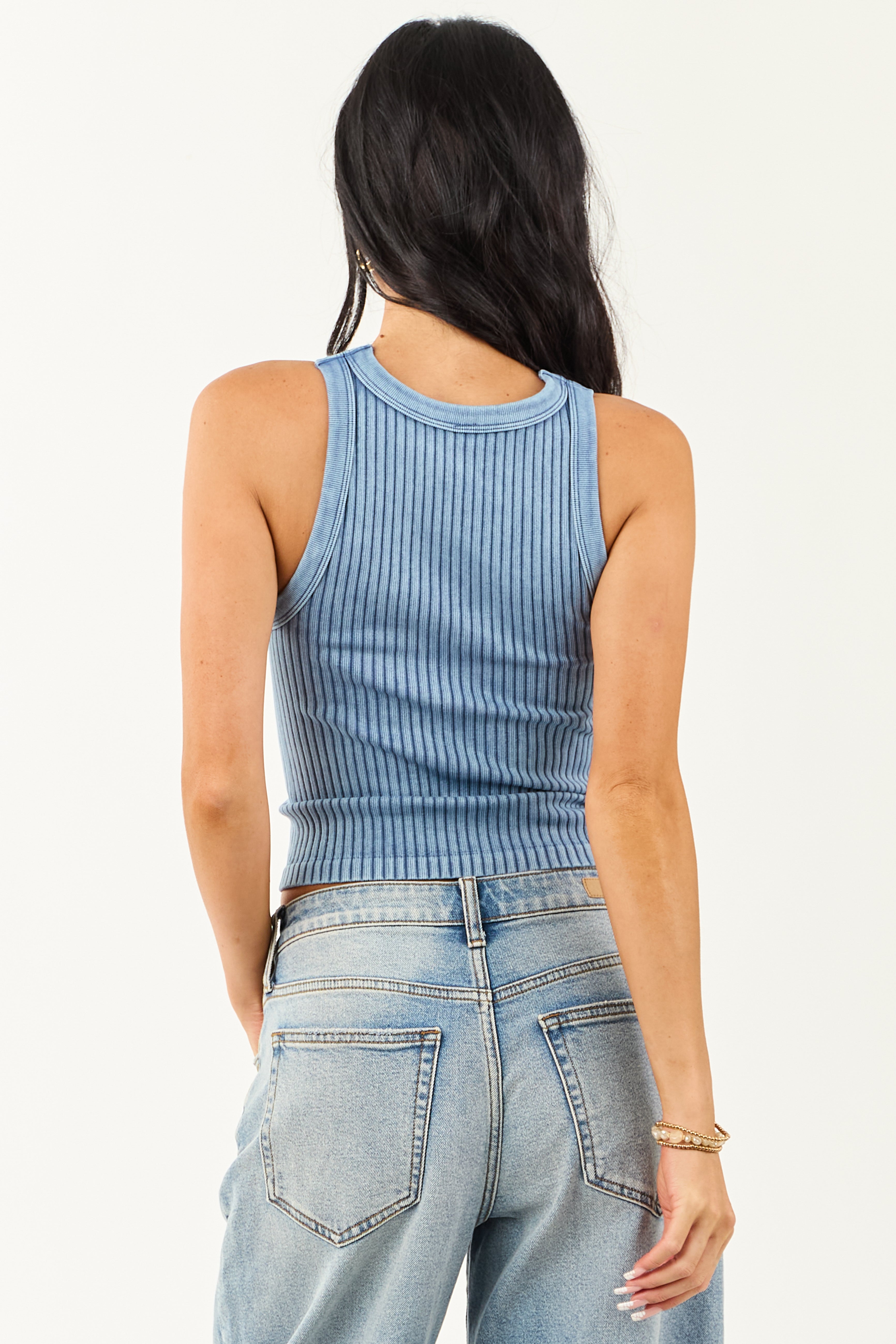 Steel Blue Ribbed Stretchy Knit Washed Tank Top