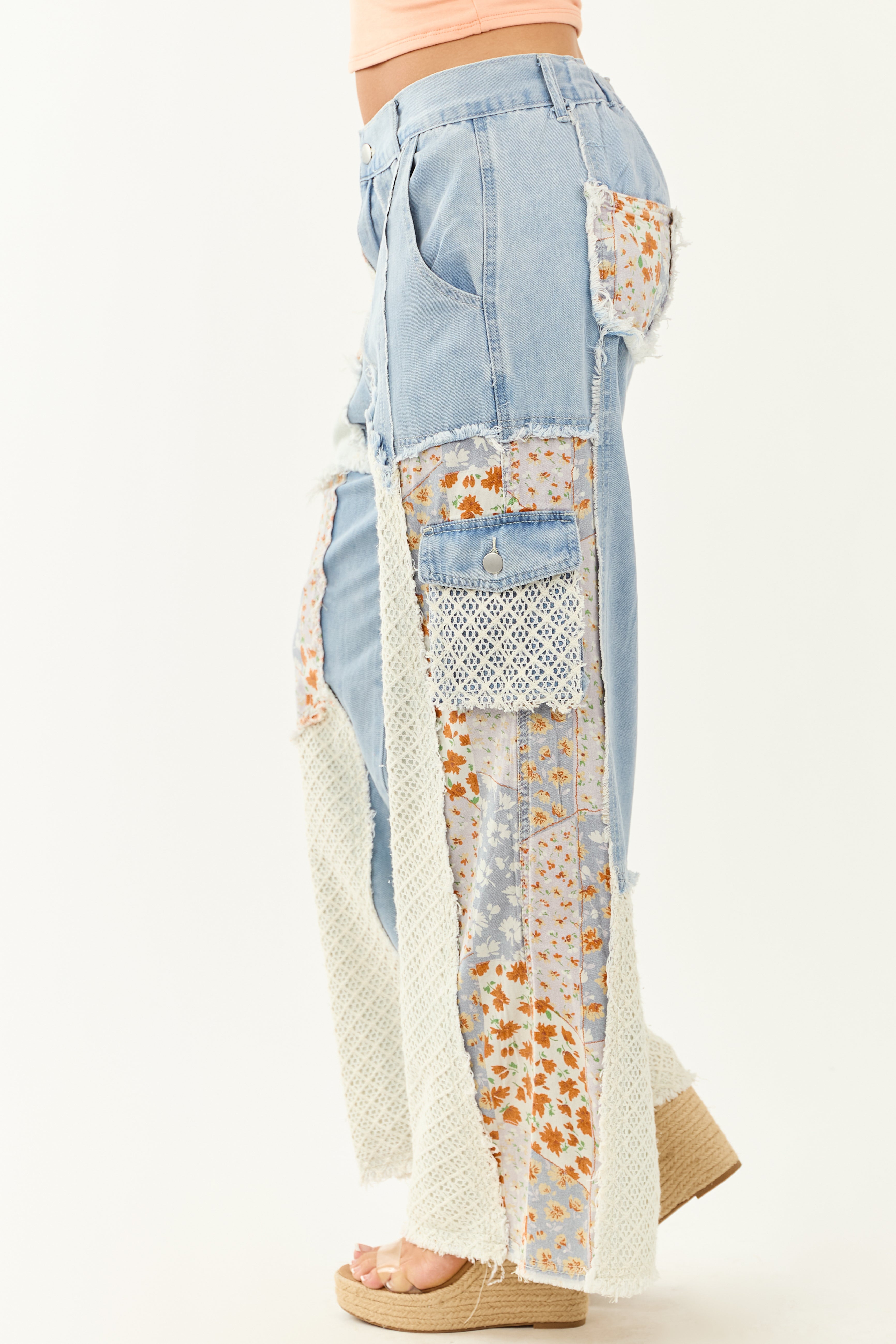 POL Medium Wash Patchwork Wide Leg Cargo Pants