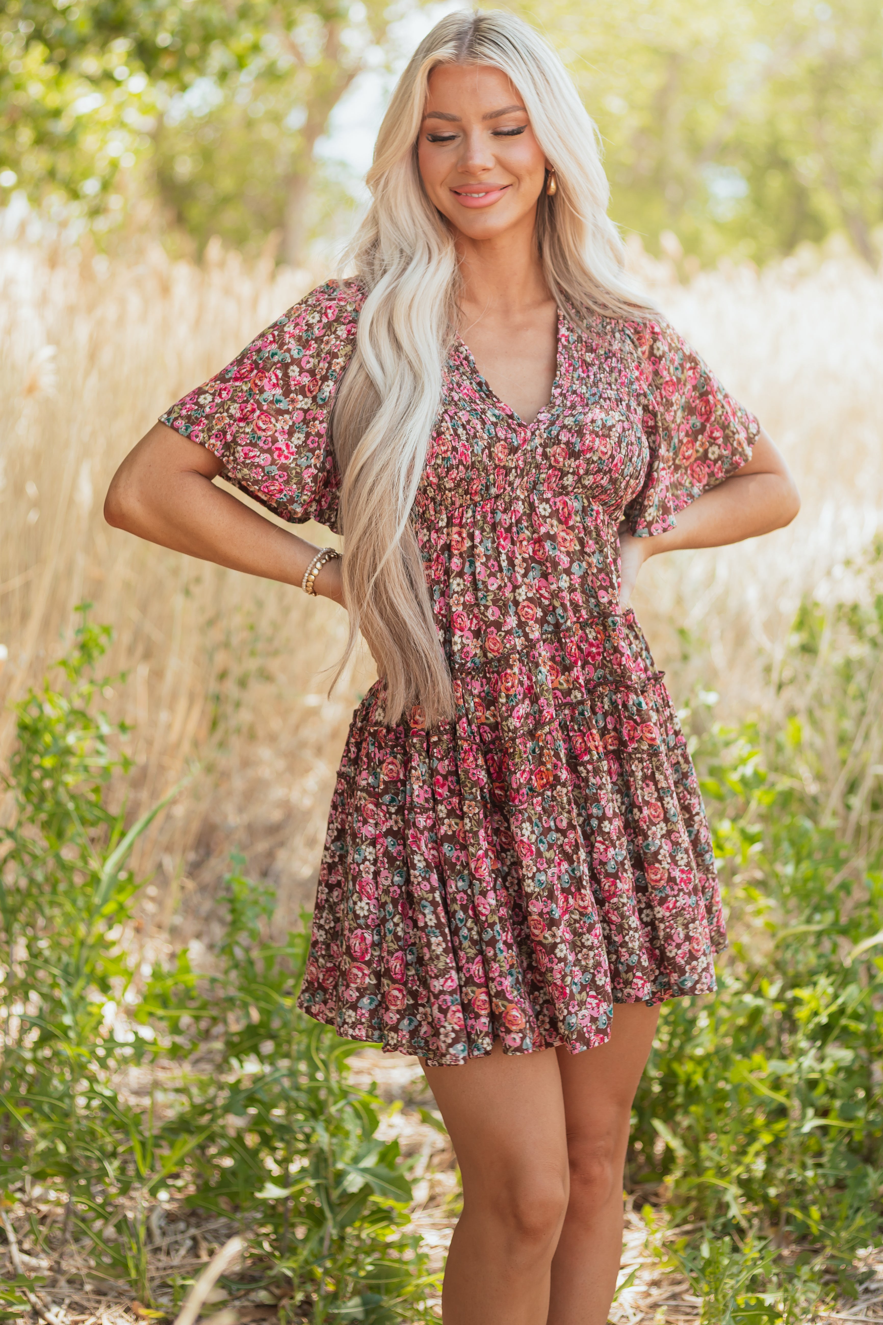 Sepia Floral Print Smocked Tiered Mini Dress
