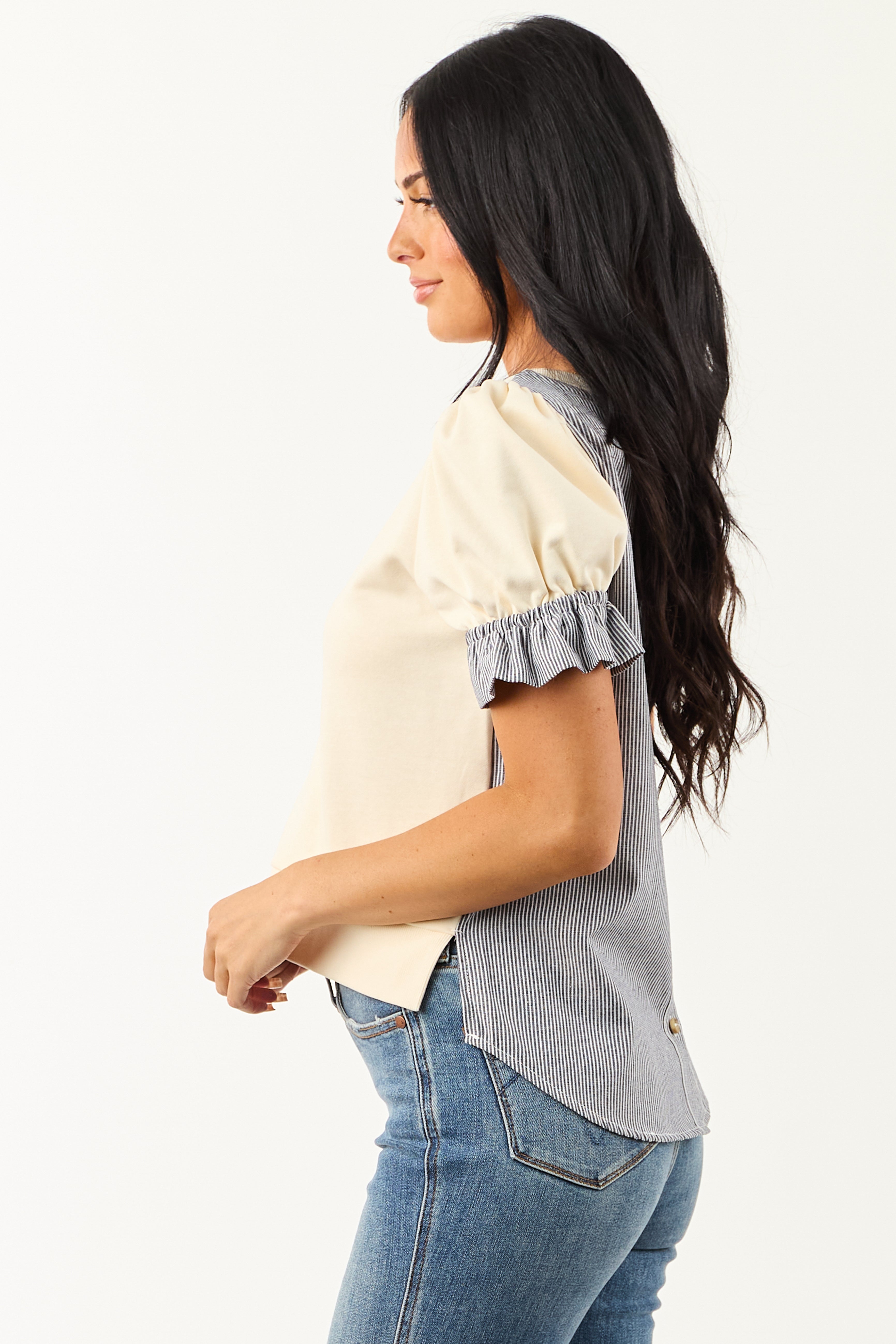 Cream Contrast Button Down Back Top