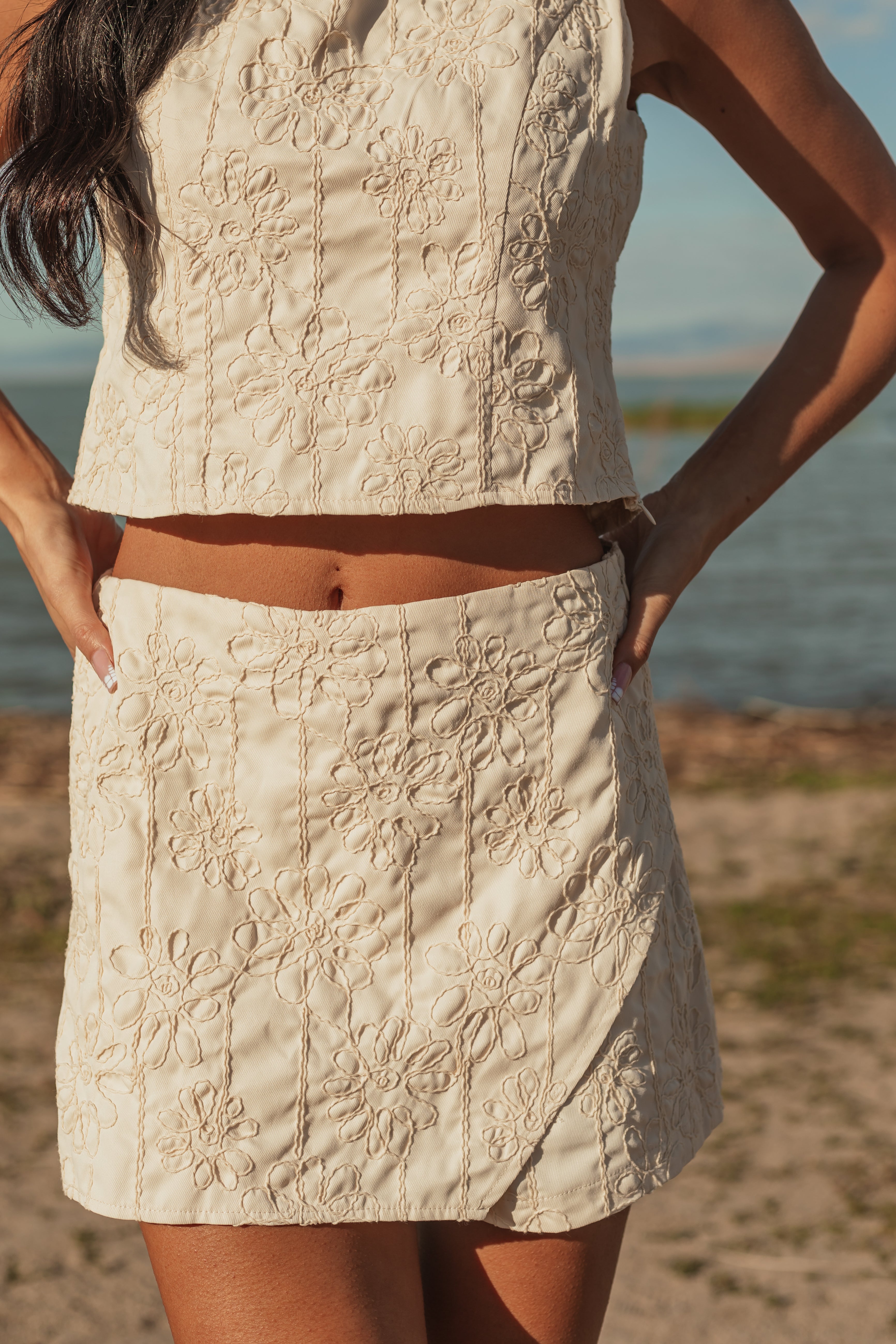 Lovelo Cream Raised Embroidery Cropped Tank Top