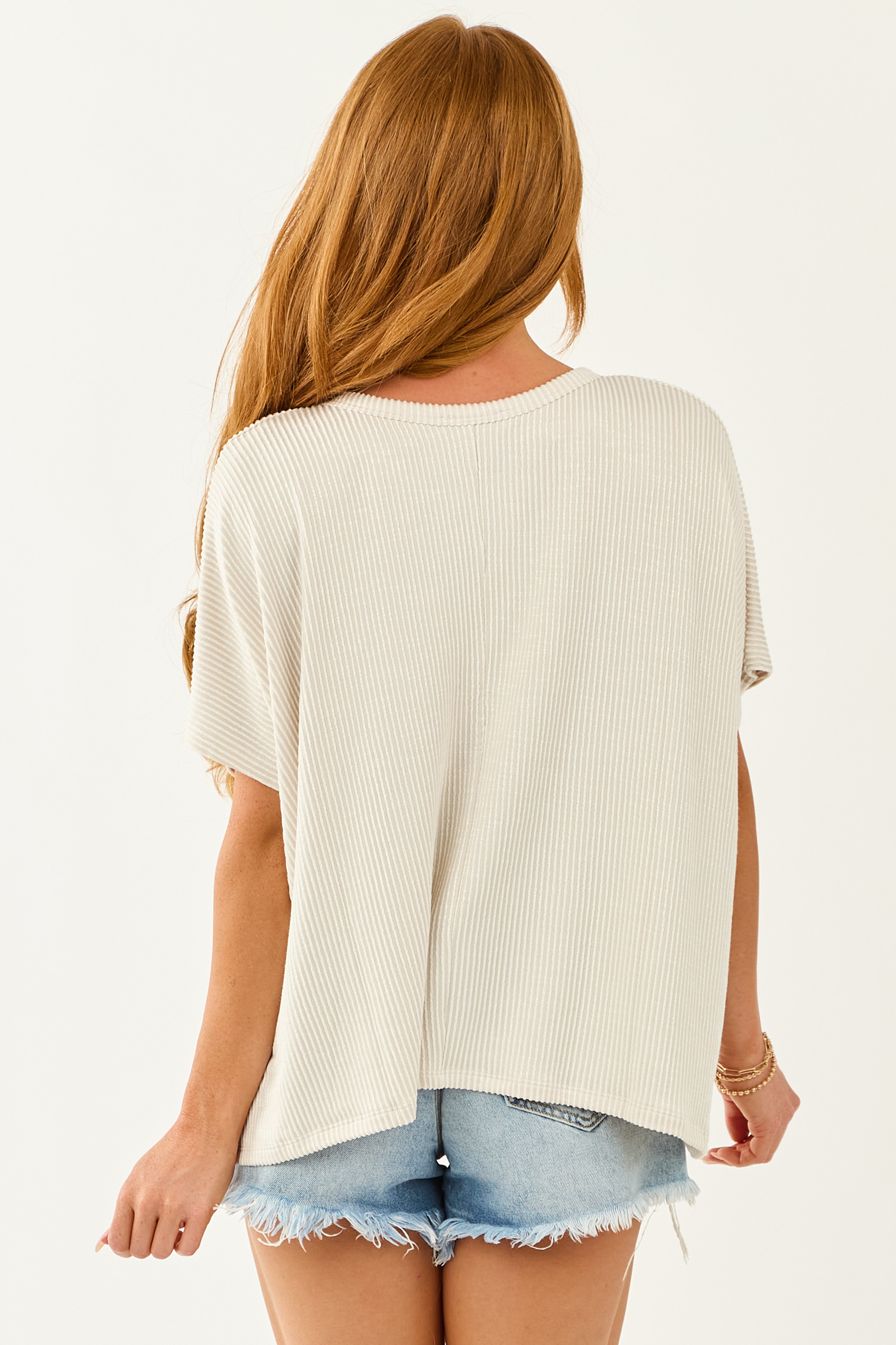 Ivory Ribbed Knit Short Sleeve Relaxed Top