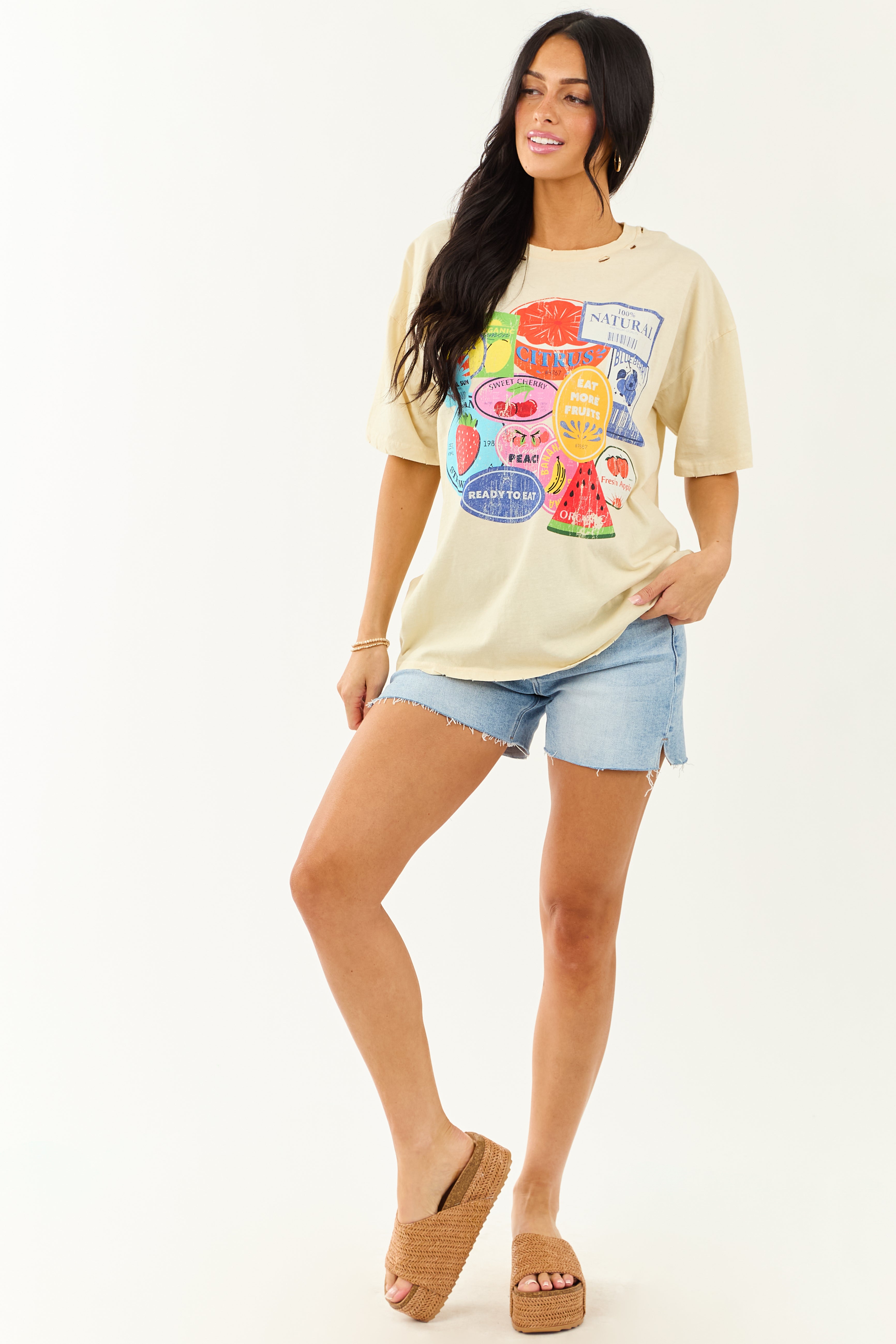 Almond Fruit Sticker Graphic Distressed Cotton Tee