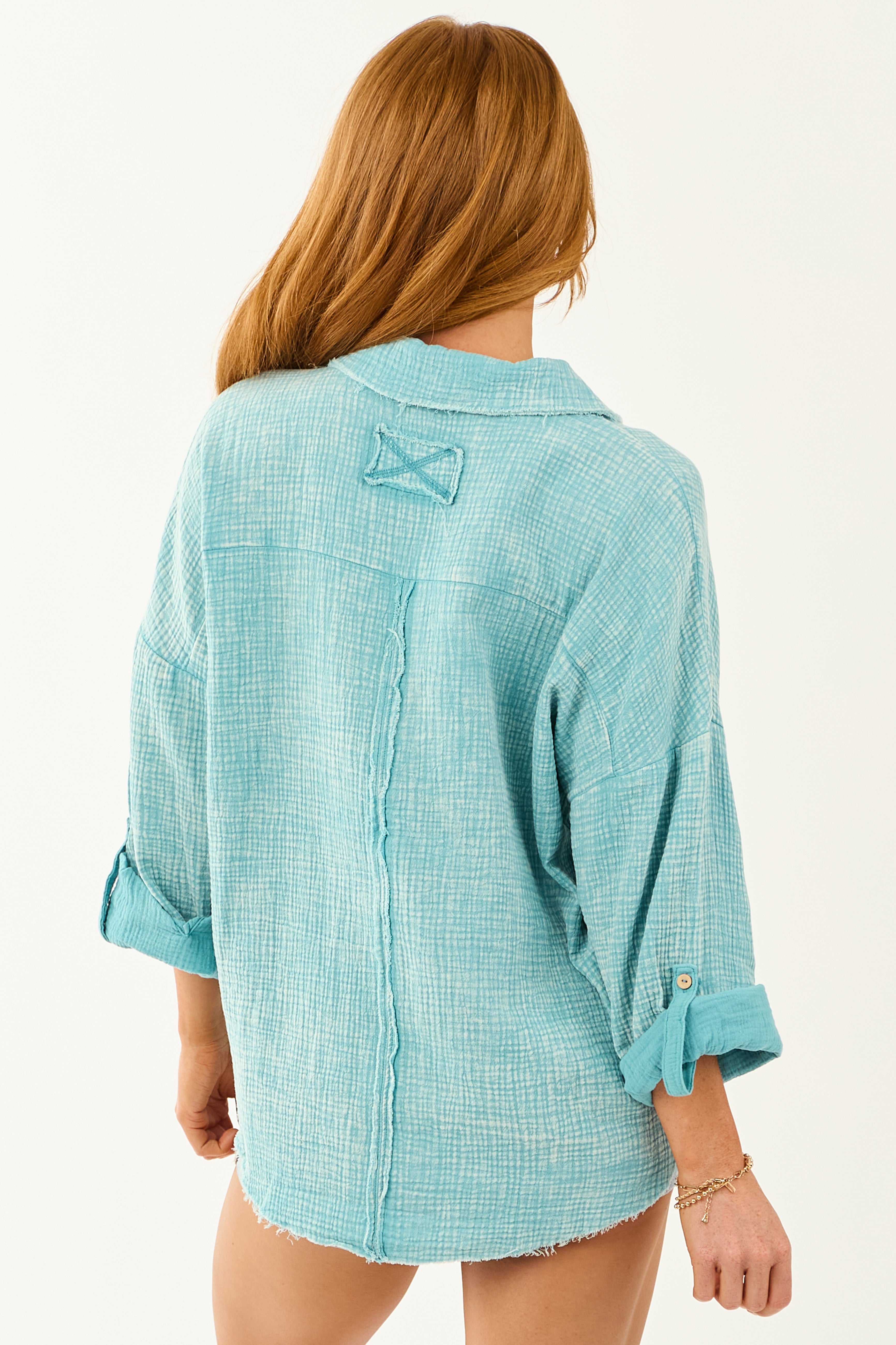 Teal Washed Double Gauze Cotton Button Down Top