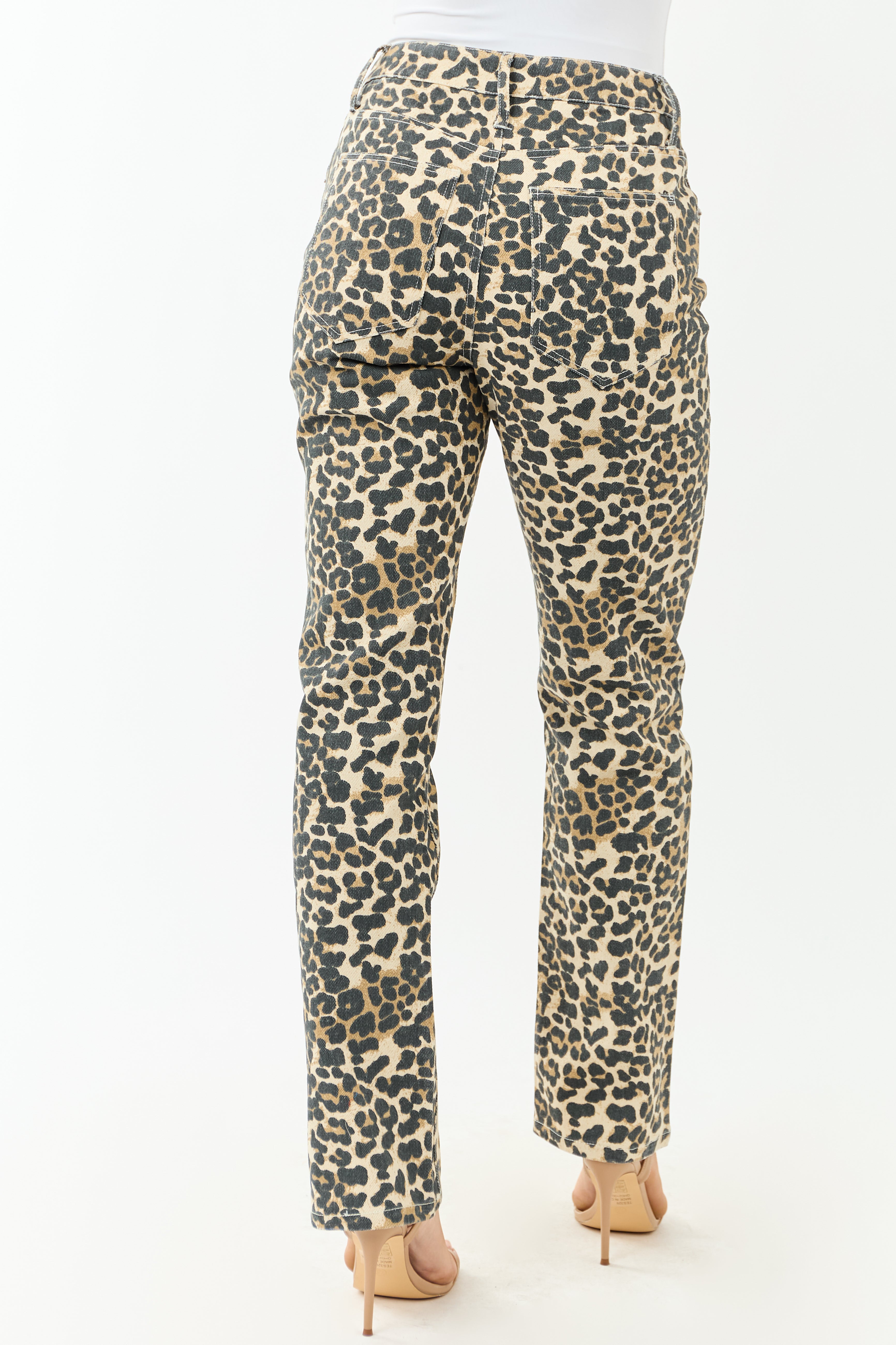 Cream Leopard Print Straight Leg High Rise Jeans