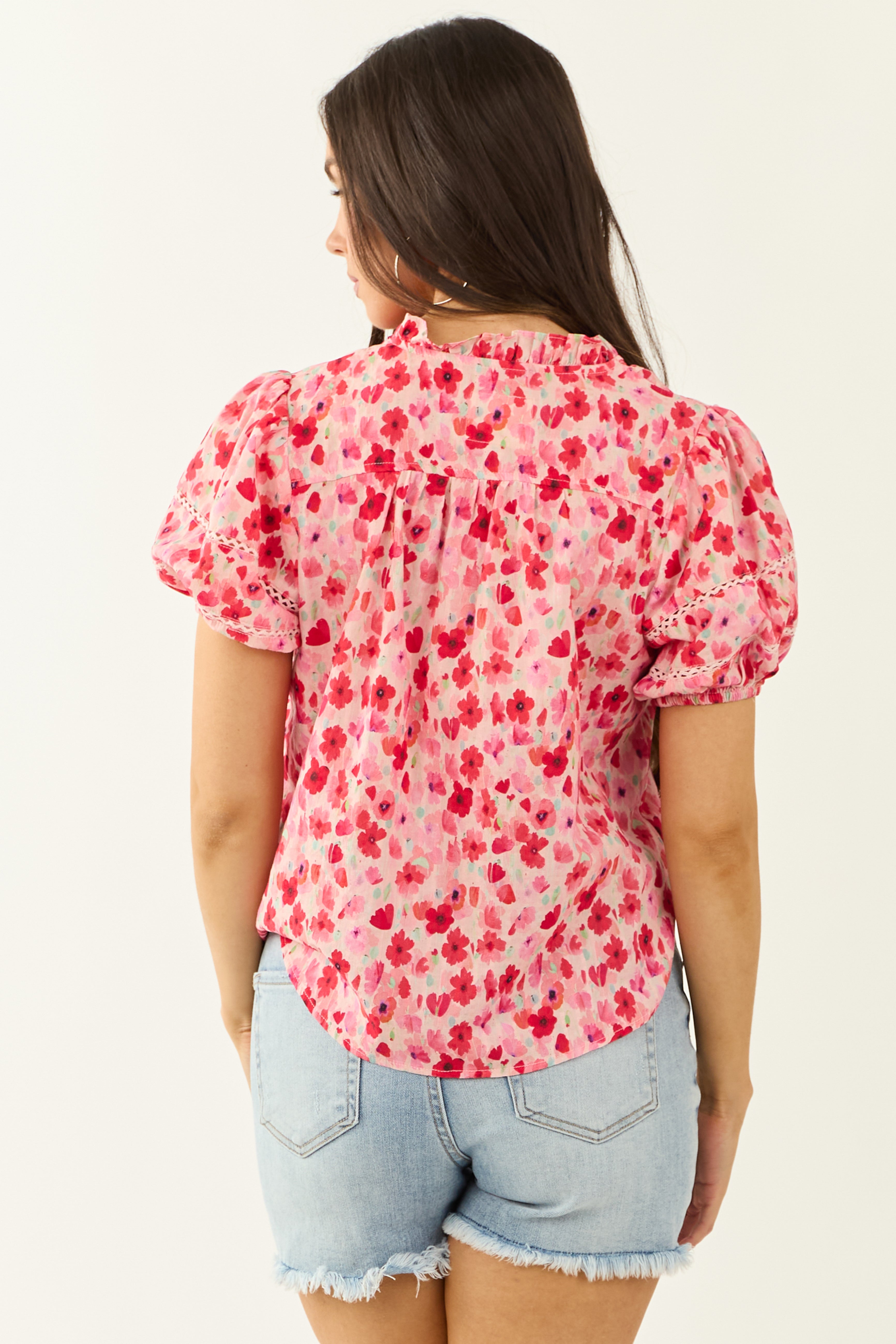 Carnation Floral Print Embroidered Puff Sleeve Blouse