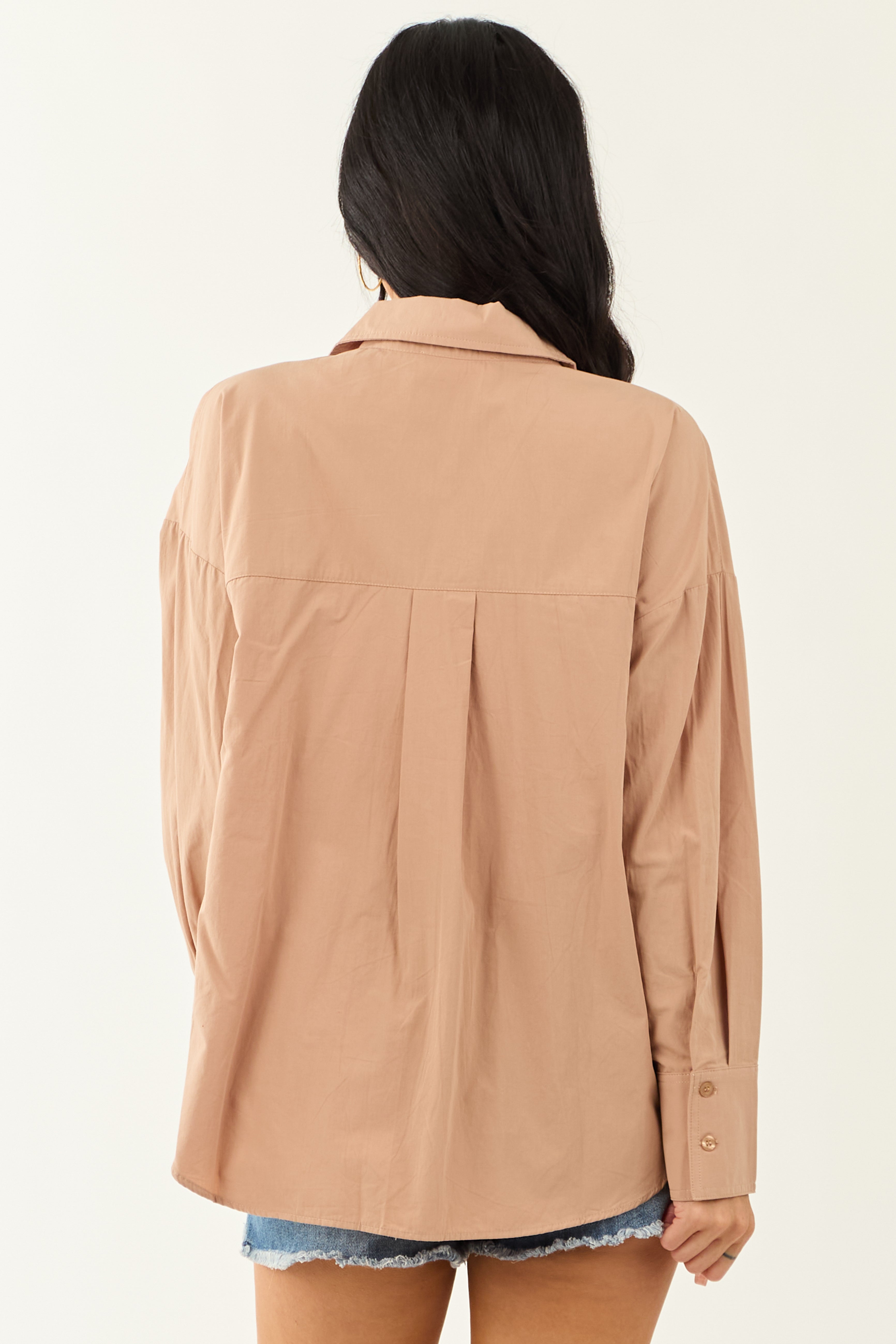 Latte Collared Button Down Cotton Long Sleeve Top