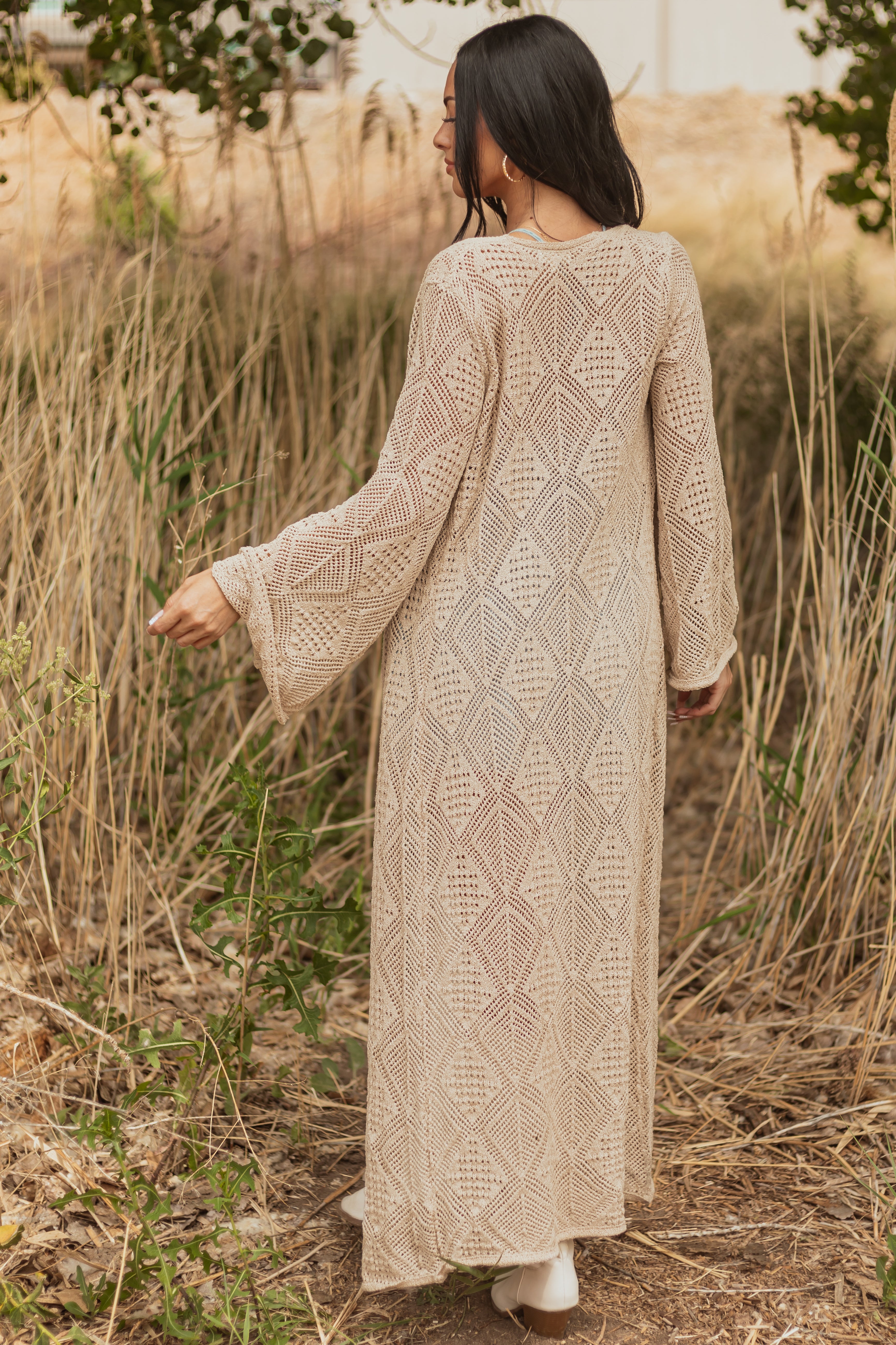 Almond Tie Front Flare Sleeve Knit Duster Cardigan