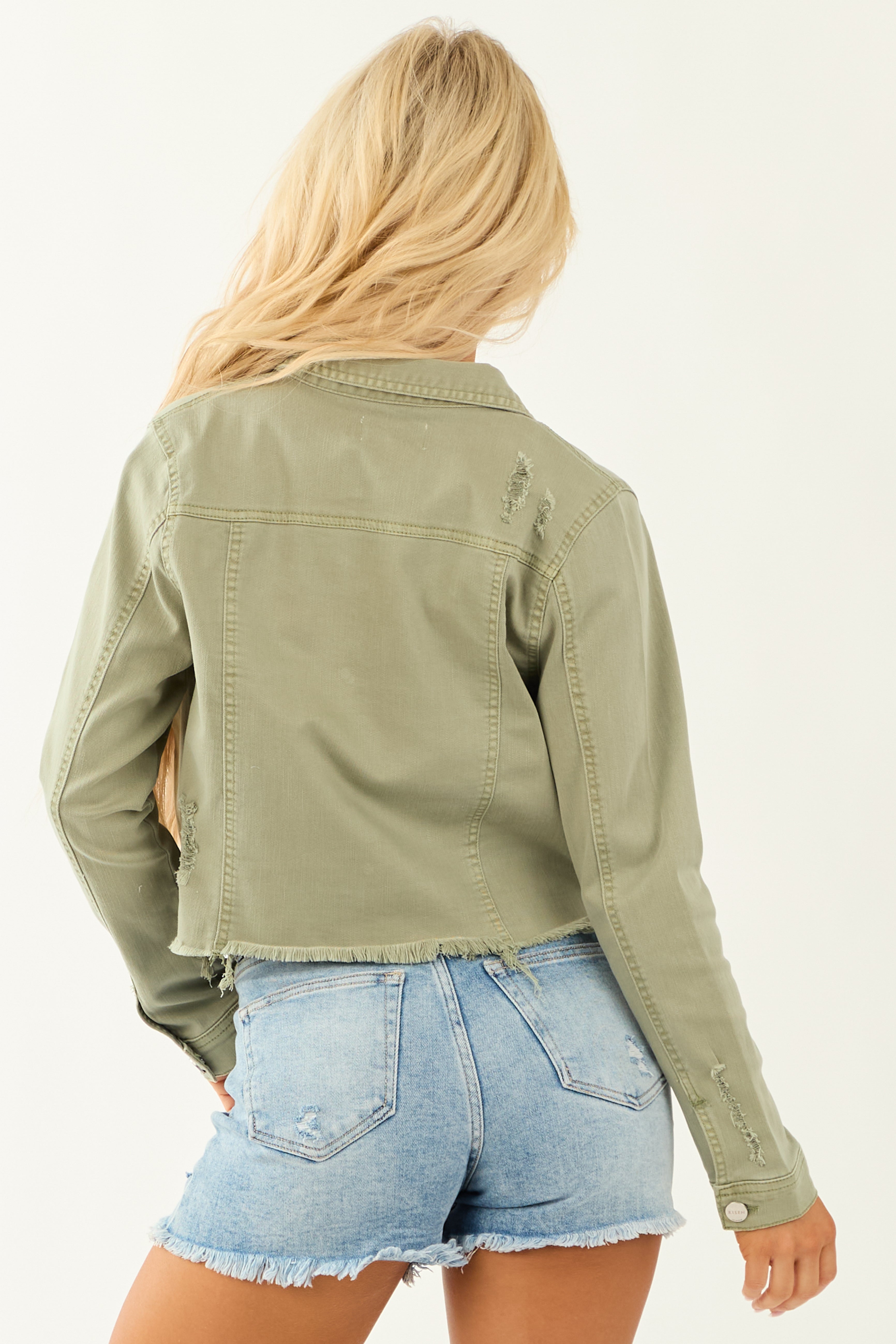 Risen Sage Button Up Distressed Denim Jacket