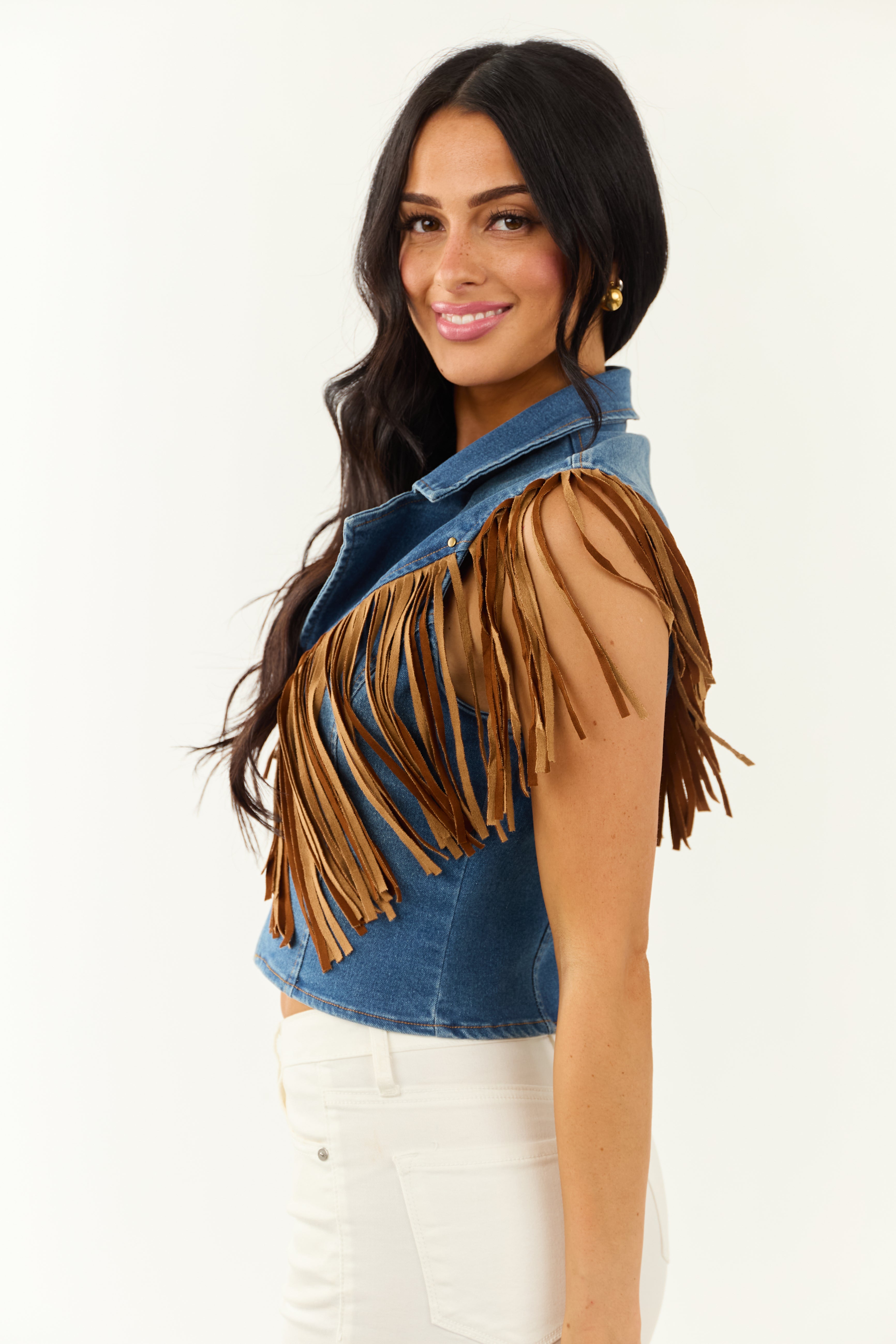 Medium Wash Stretchy Denim Fringe Zip Up Vest