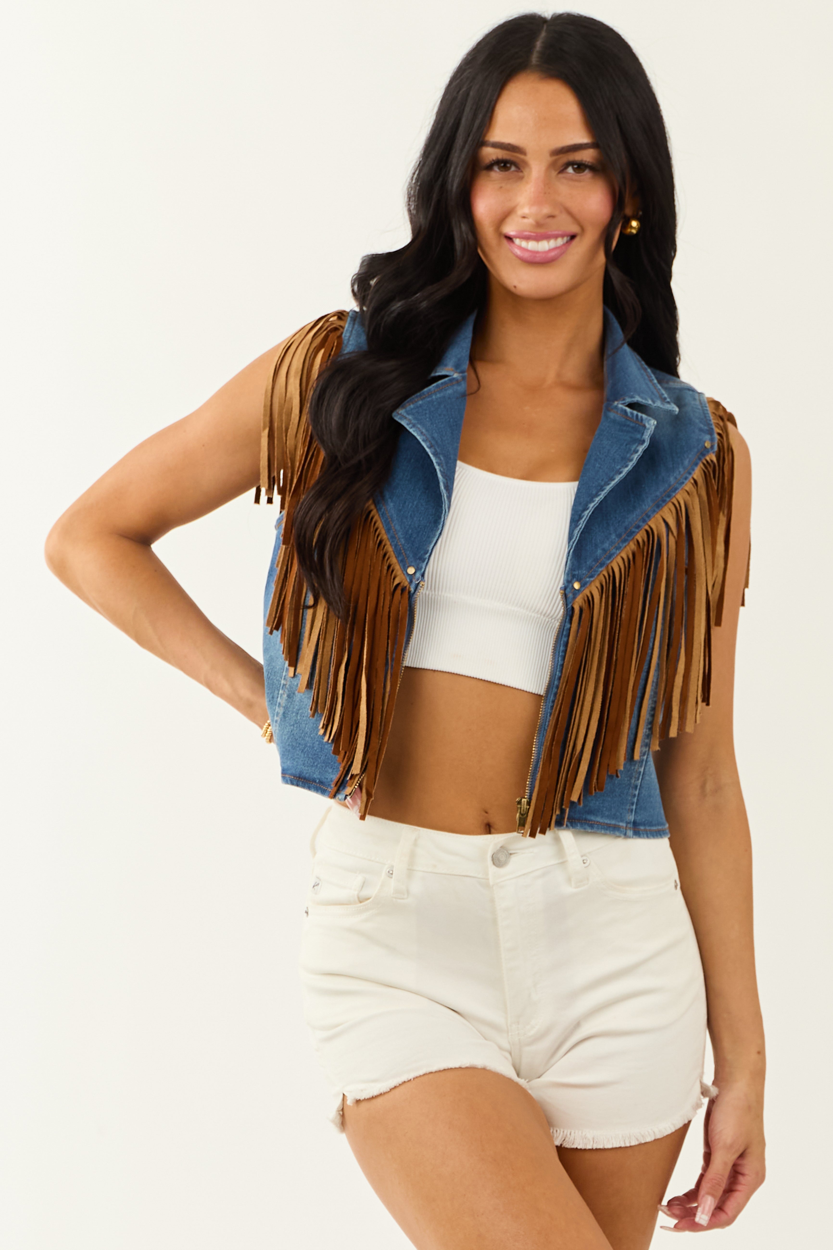 Medium Wash Stretchy Denim Fringe Zip Up Vest