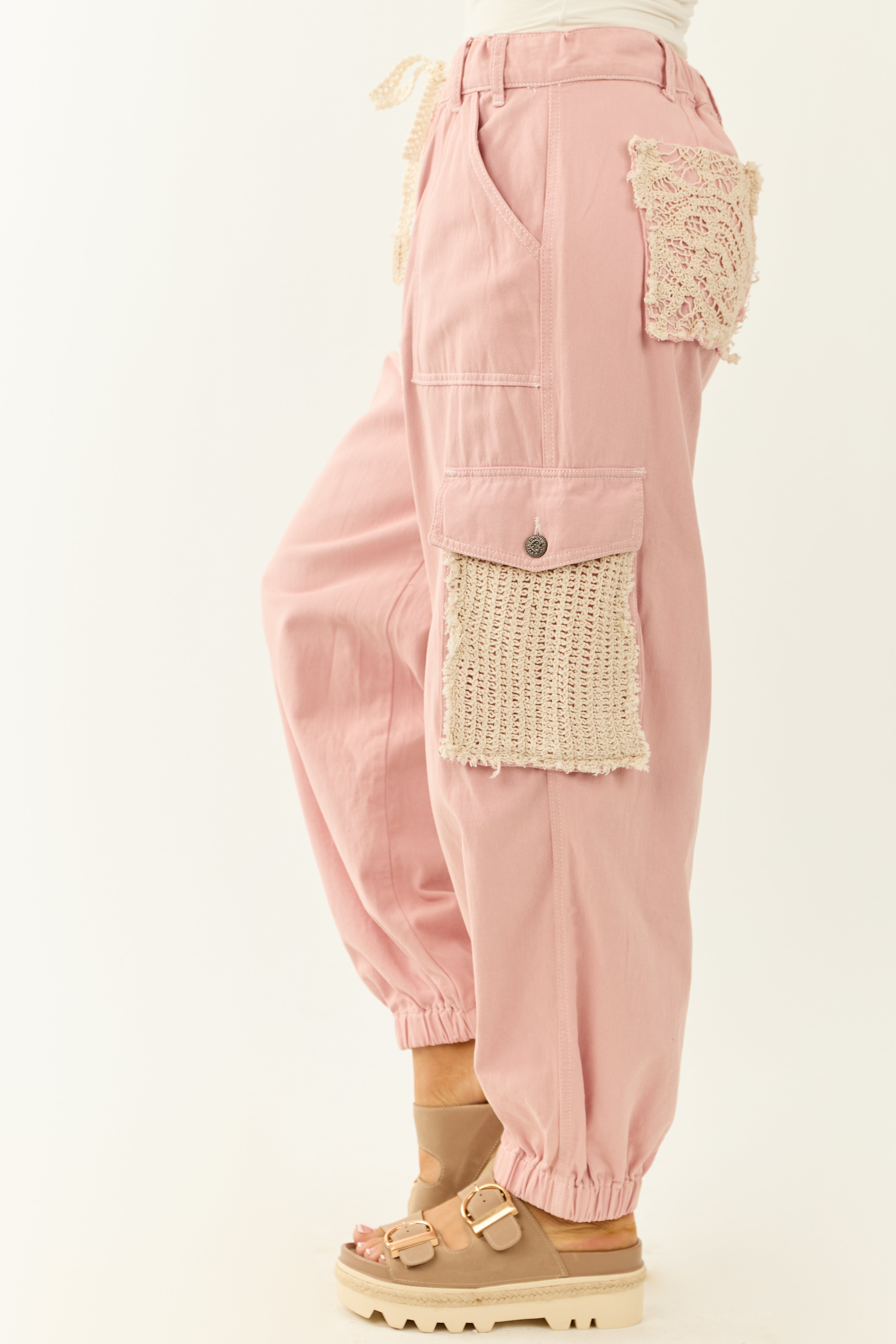 POL Dusty Blush Denim Crochet Detail Joggers